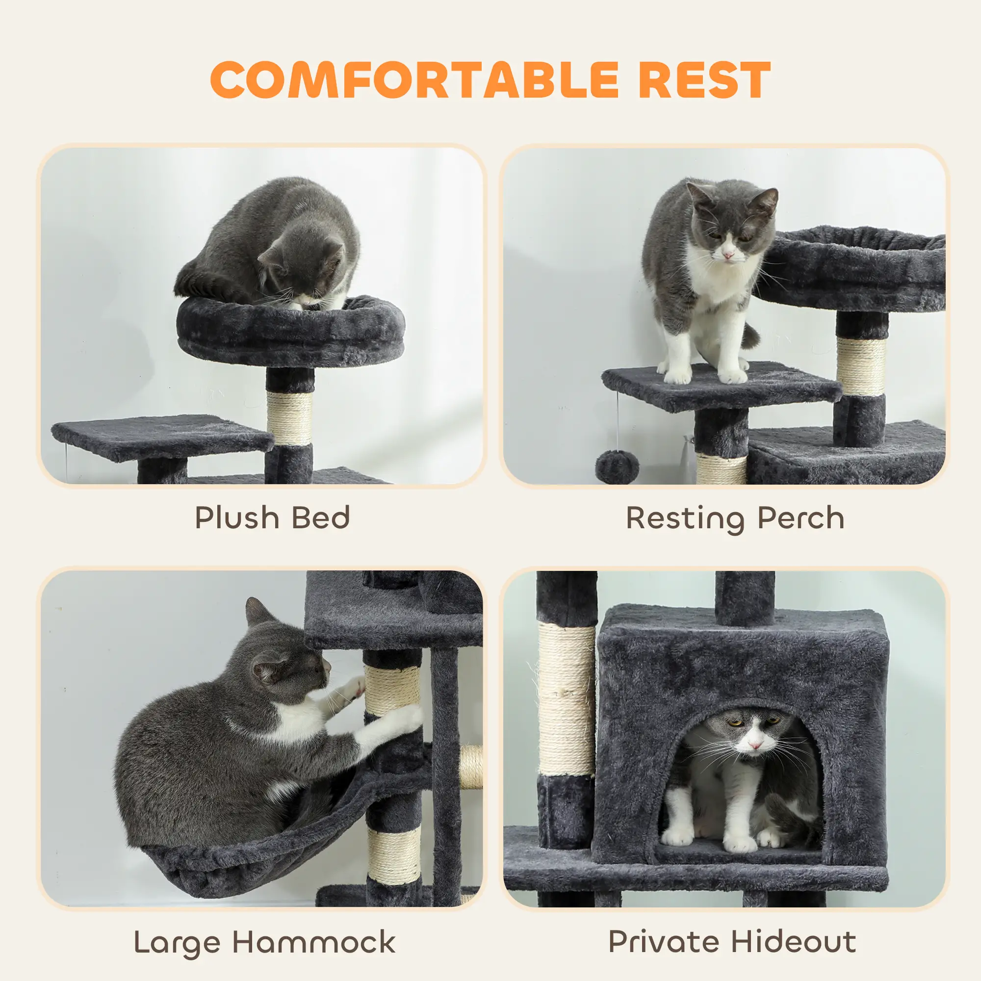 52 Inch Large Cat Tree, Dark Grey - Image 5