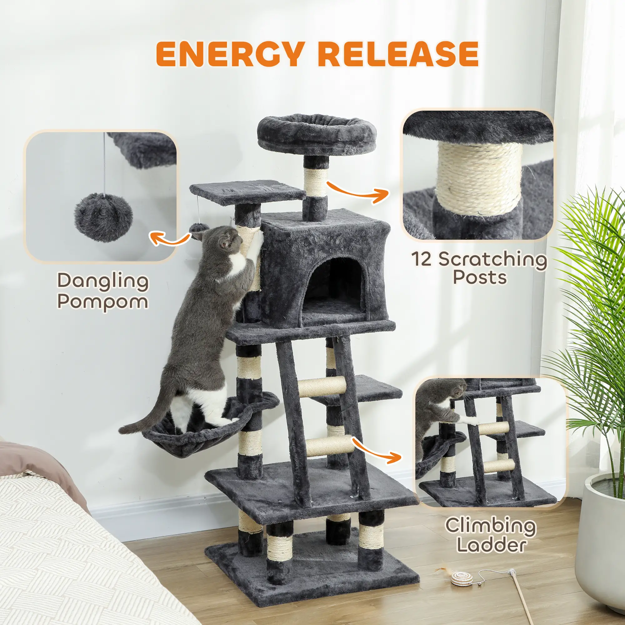 52 Inch Large Cat Tree, Dark Grey - Image 6