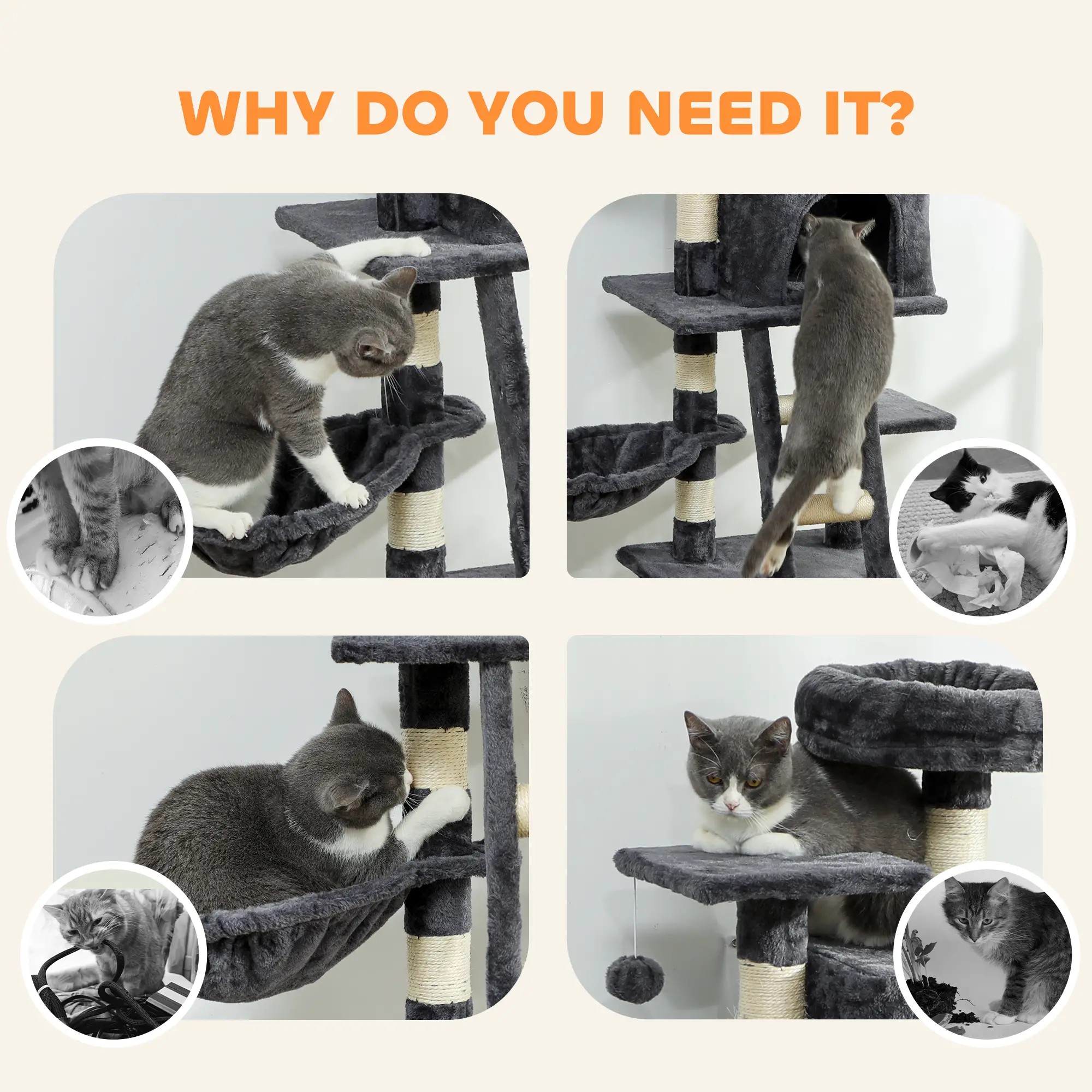 52 Inch Large Cat Tree, Dark Grey - Image 9