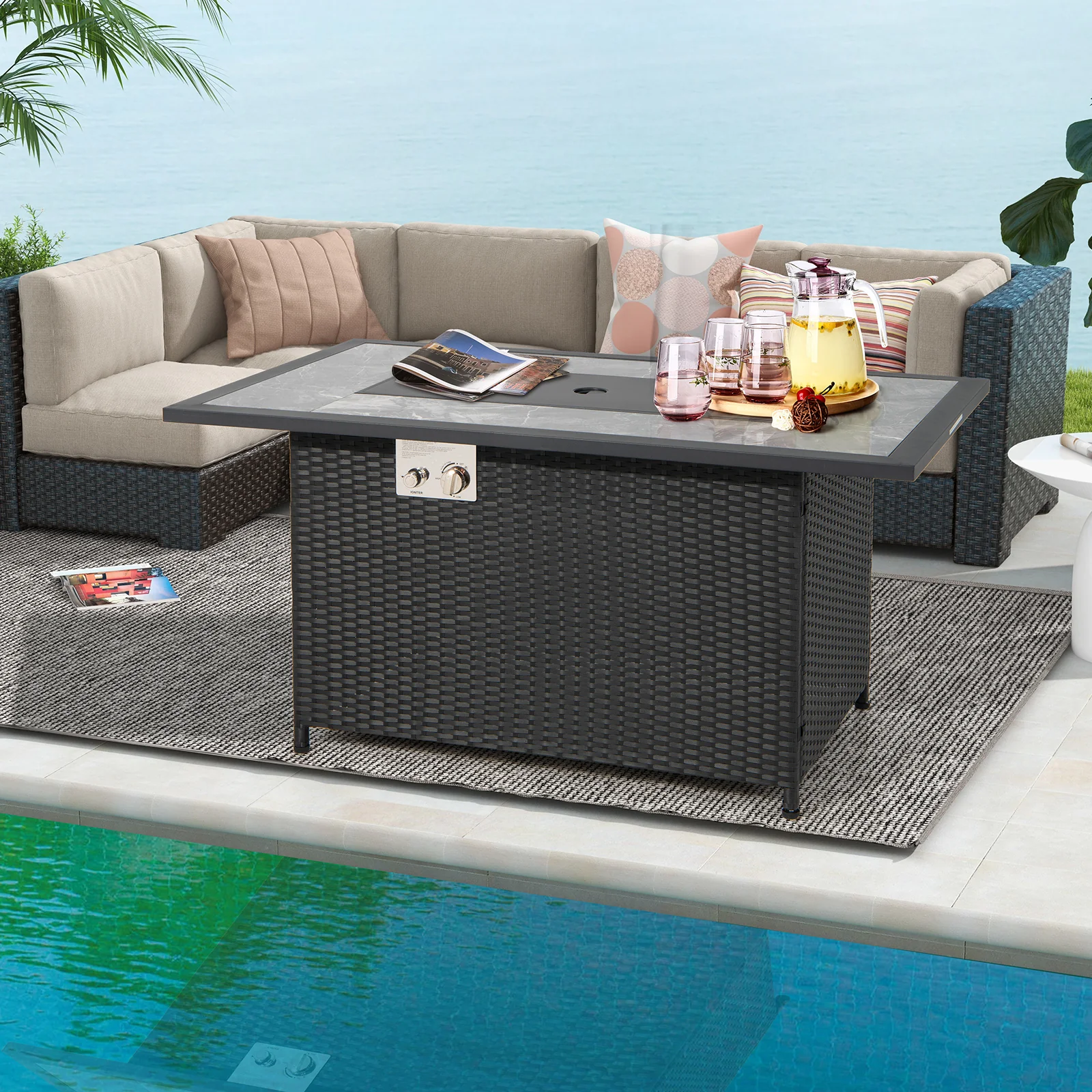 52 Inch Rattan Fire Pit Table With Rain Cover, Lava Rock, Black - Image 3