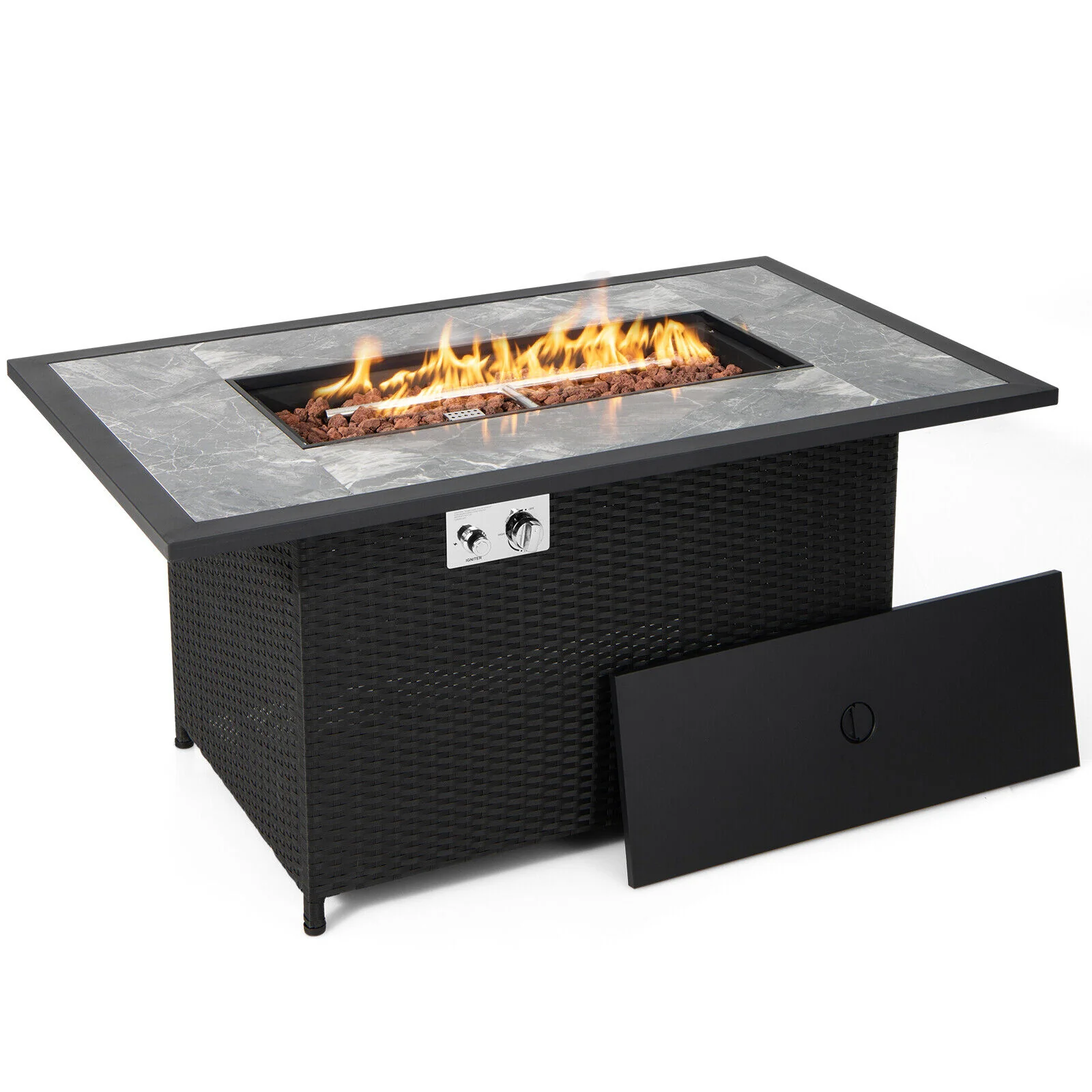 52 Inch Rattan Fire Pit Table With Rain Cover, Lava Rock, Black - Image 4