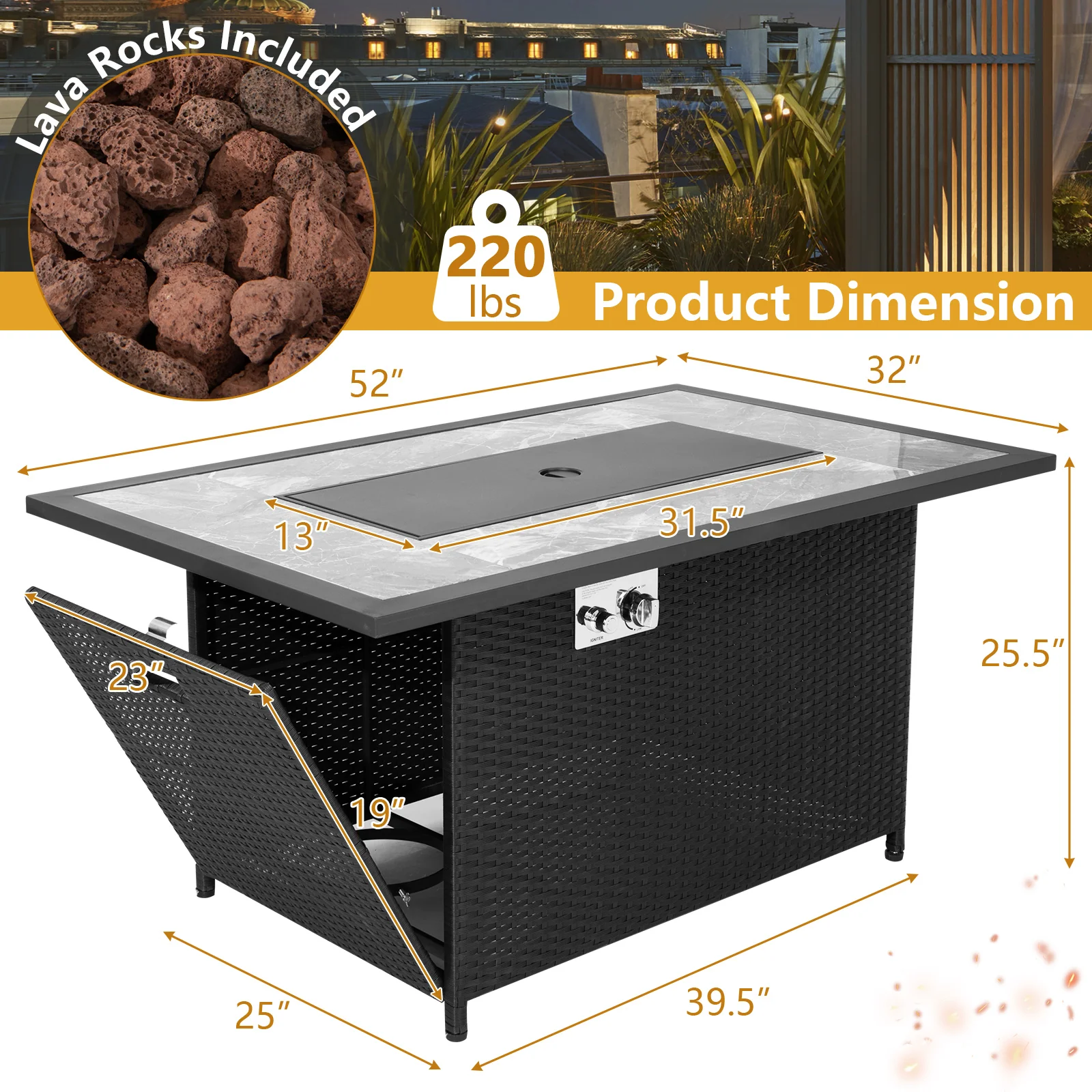52 Inch Rattan Fire Pit Table With Rain Cover, Lava Rock, Black - Image 6
