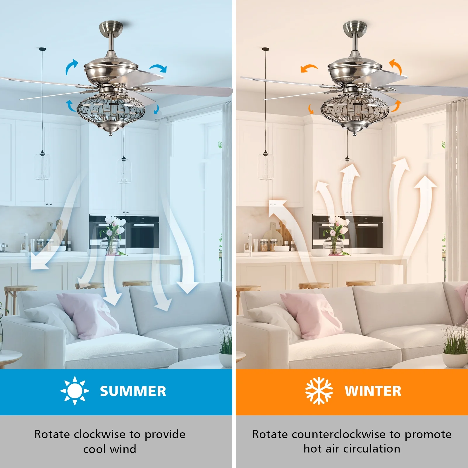 52 Inches Ceiling Fan, Wooden Blades, Remote Control, Silver - Image 10