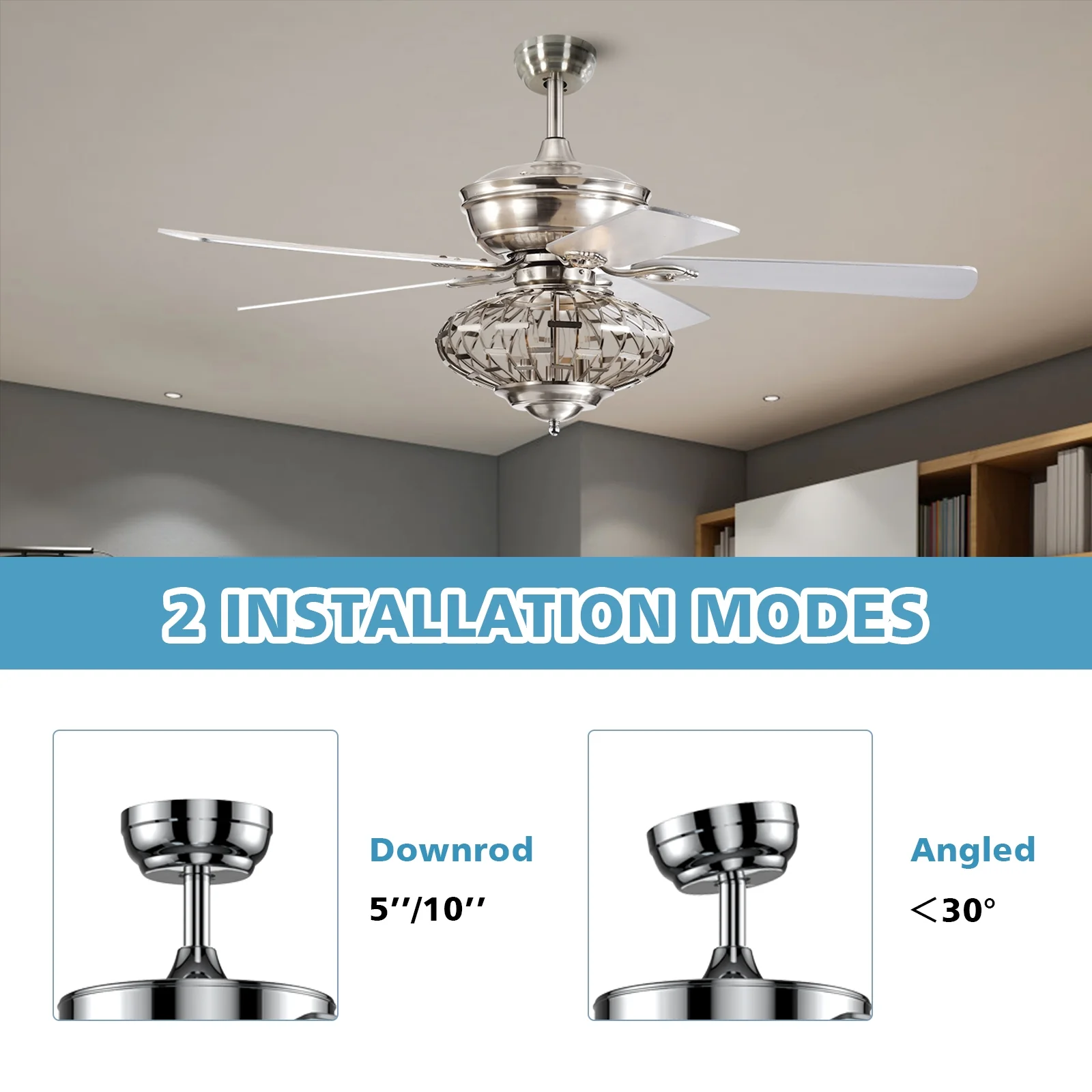 52 Inches Ceiling Fan, Wooden Blades, Remote Control, Silver - Image 6