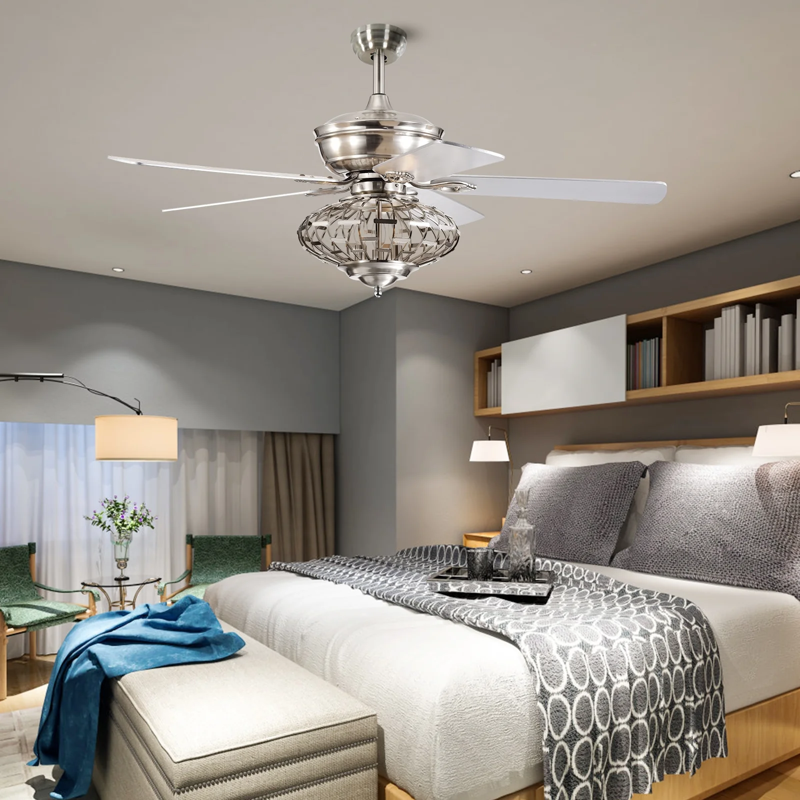 52 Inches Ceiling Fan, Wooden Blades, Remote Control, Silver - Image 7