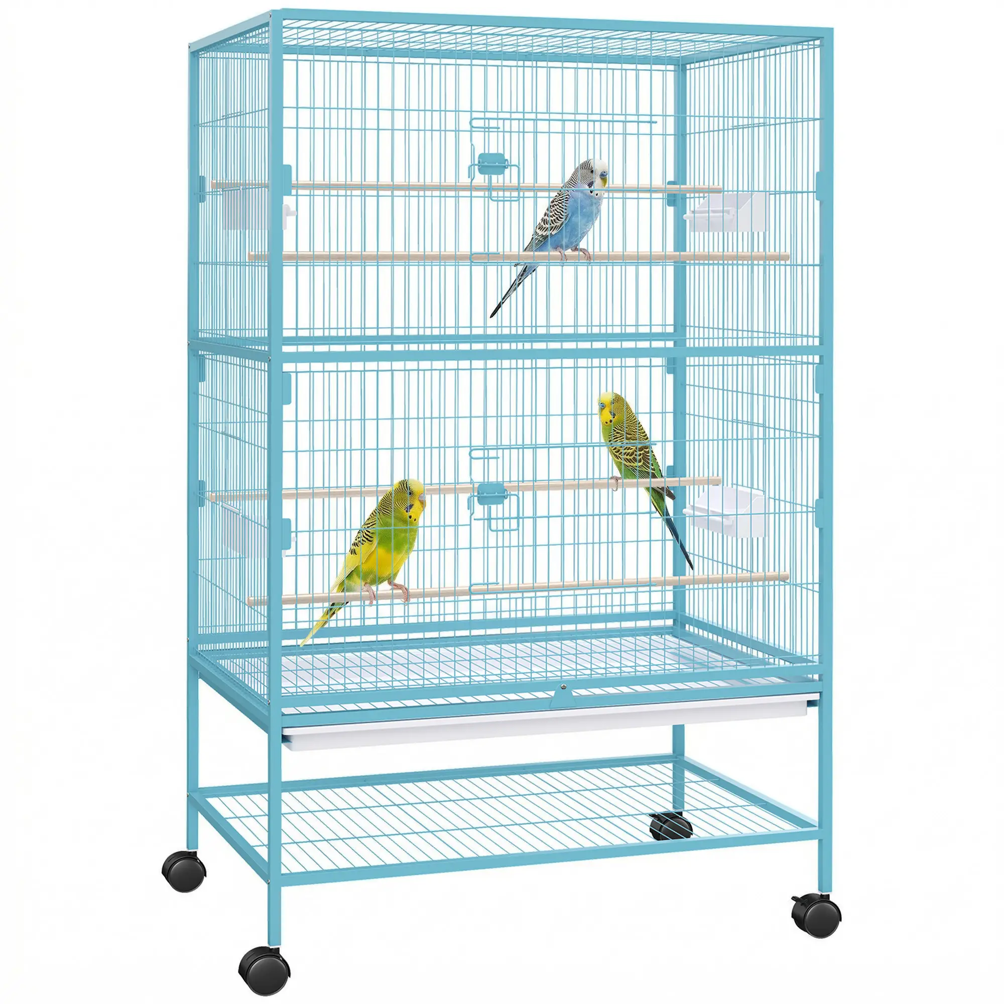 52'' Large Rolling Steel Bird Cage Bird House with Rolling Stand, Storage Shelf, Wood Perch, Food Container, Light Blue - Image 10