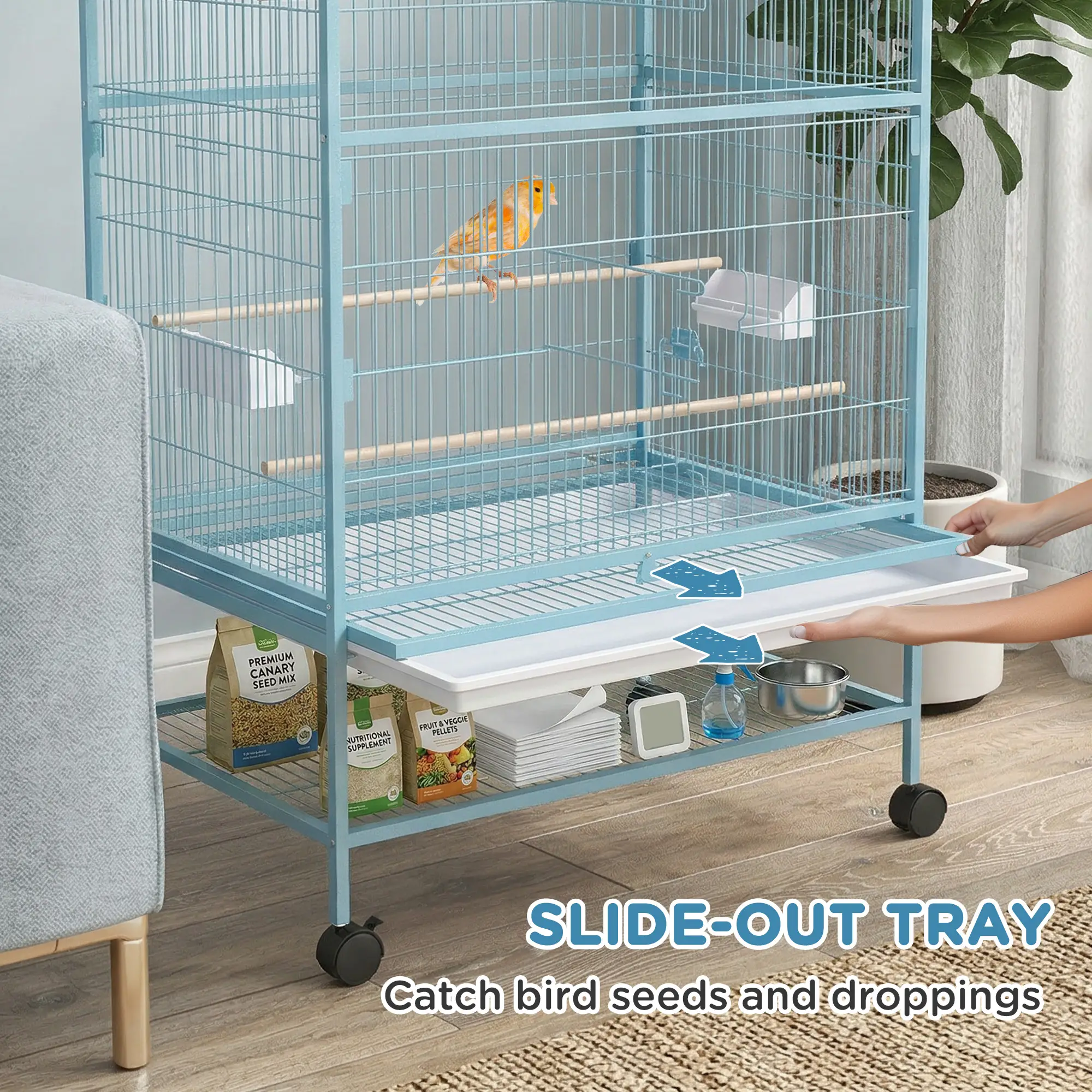 52'' Large Rolling Steel Bird Cage Bird House with Rolling Stand, Storage Shelf, Wood Perch, Food Container, Light Blue - Image 4