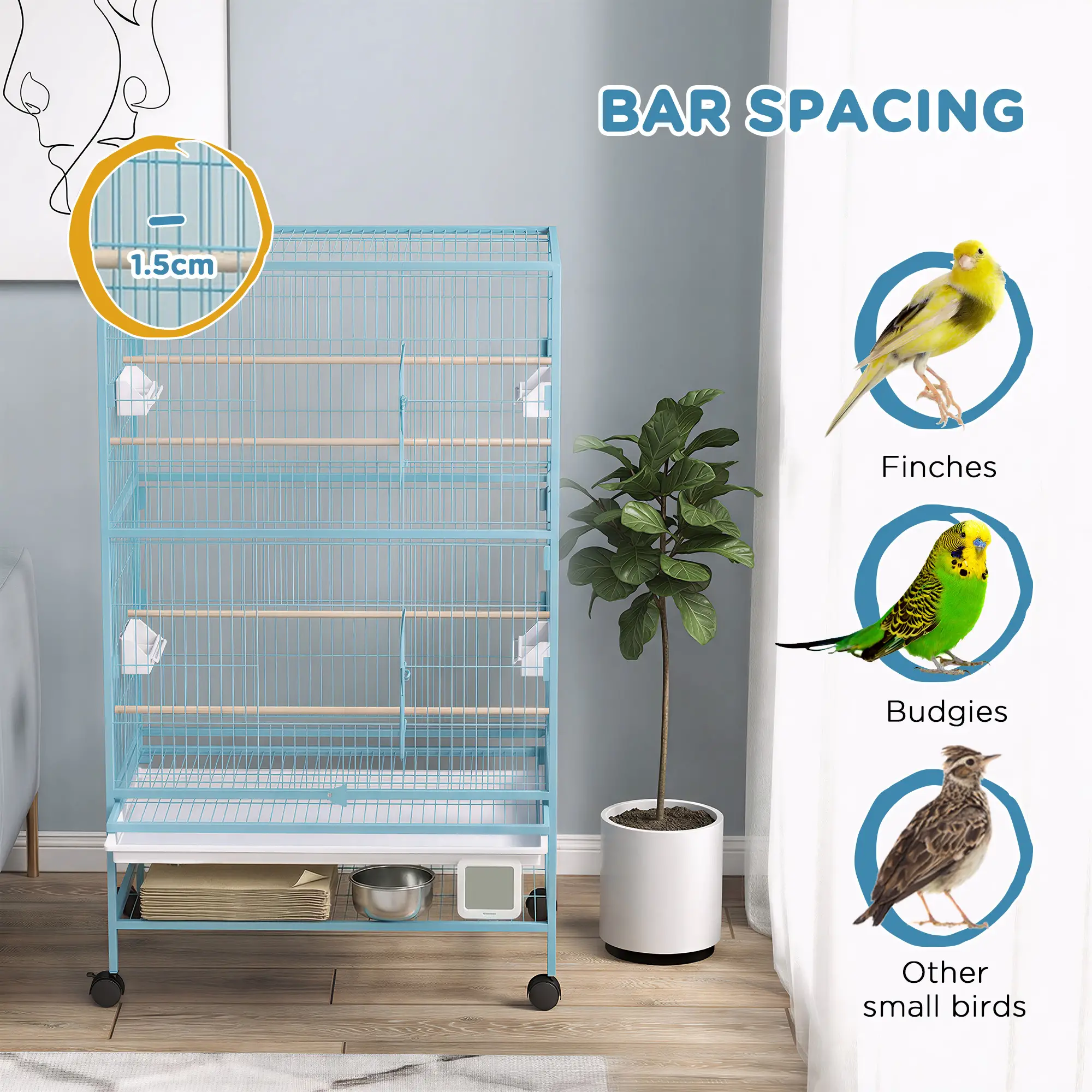 52'' Large Rolling Steel Bird Cage Bird House with Rolling Stand, Storage Shelf, Wood Perch, Food Container, Light Blue - Image 6