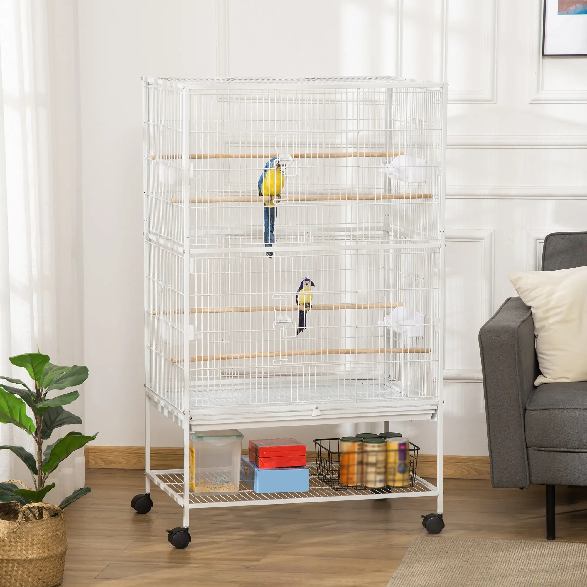 52" Large Rolling Steel Bird Cage, With Stand, Shelf, Perch, White - Image 2