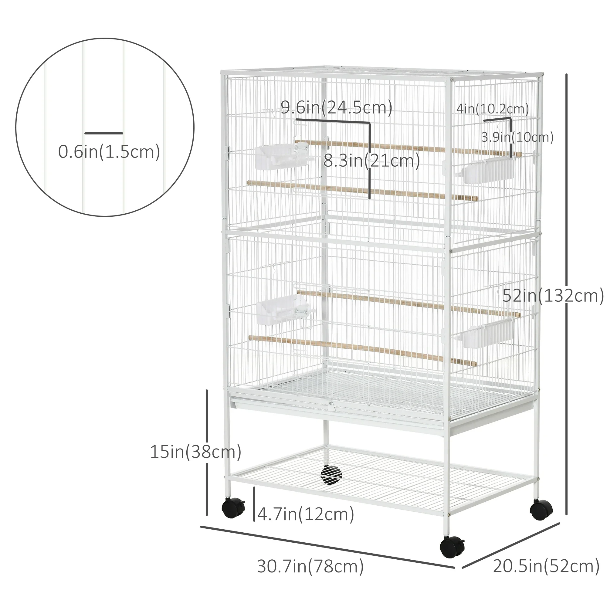 52" Large Rolling Steel Bird Cage, With Stand, Shelf, Perch, White - Image 3