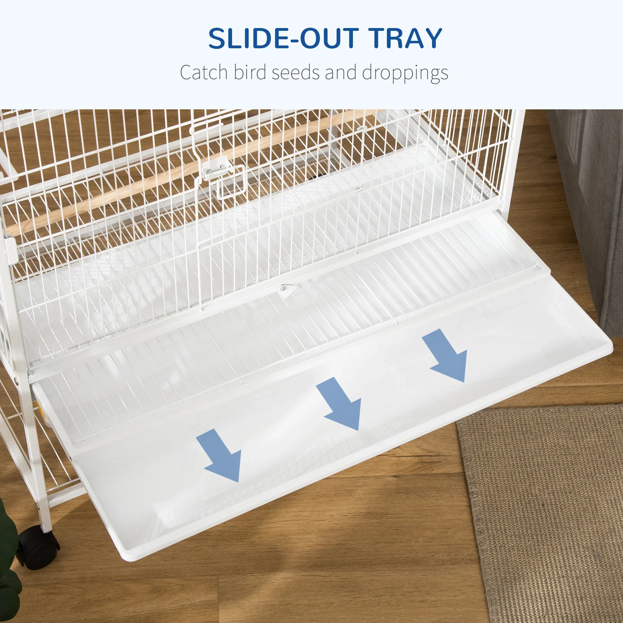52" Large Rolling Steel Bird Cage, With Stand, Shelf, Perch, White - Image 4