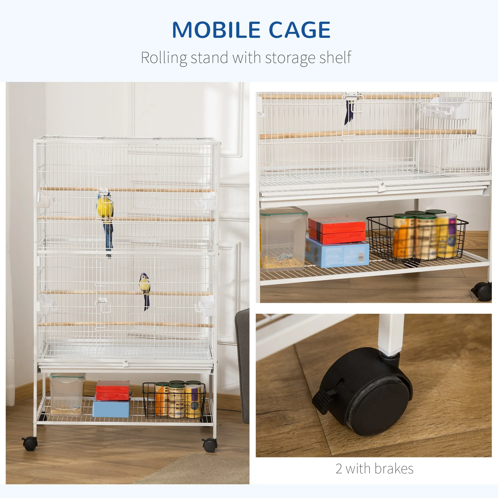 52" Large Rolling Steel Bird Cage, With Stand, Shelf, Perch, White - Image 5