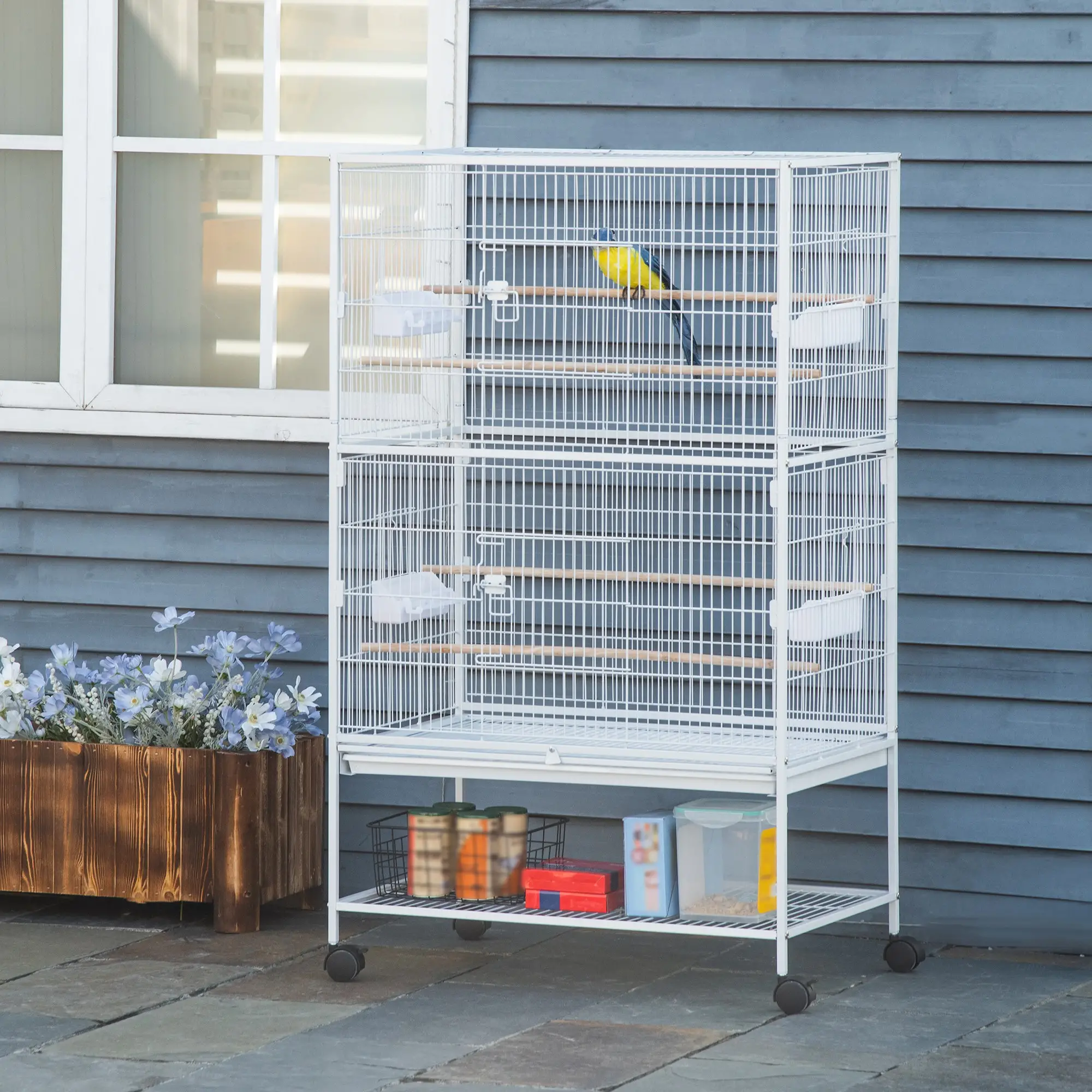 52" Large Rolling Steel Bird Cage, With Stand, Shelf, Perch, White - Image 8