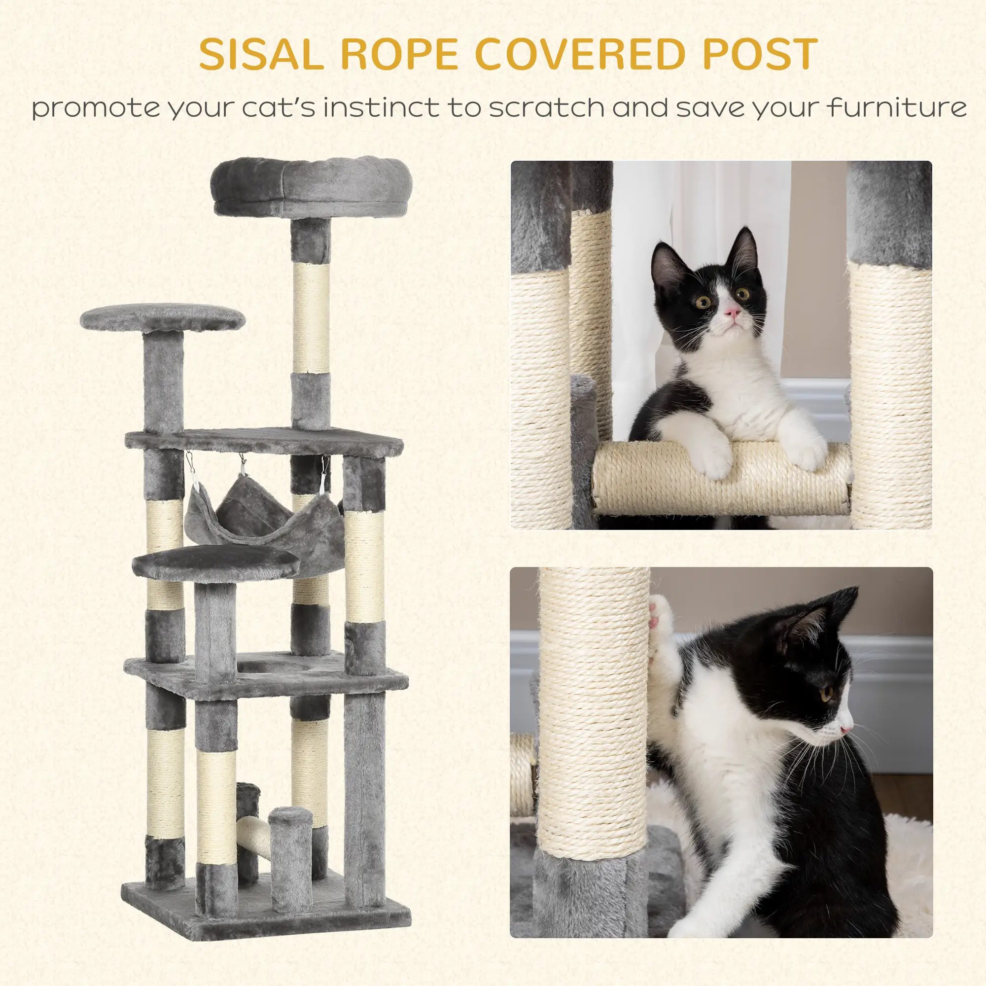 52" Multi-Level Cat Tree Tower, Kitten Scratcher, Hammock, Grey - Image 5
