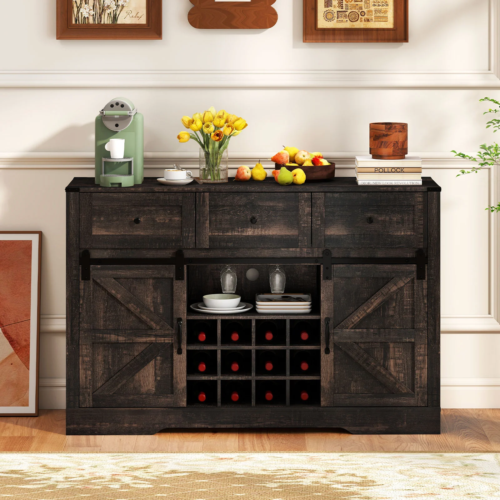 52" Wine Bar Cabinet with LED Lights, Oak - Image 6