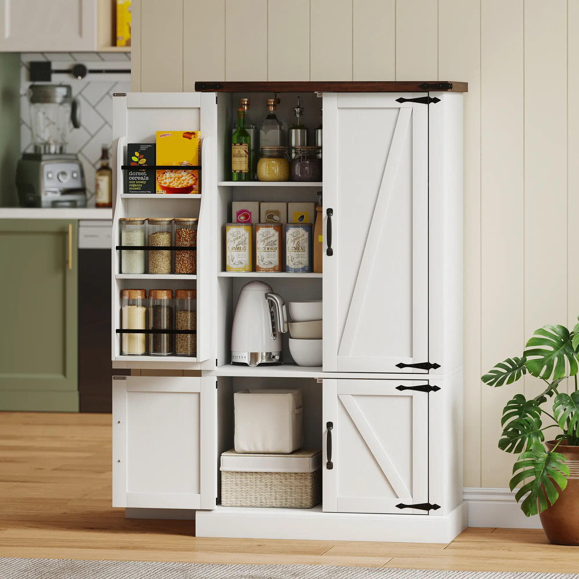 53.5 Inch Pantry Cabinet, Adjustable Shelves, 6 Door Spice Racks, White - Image 2