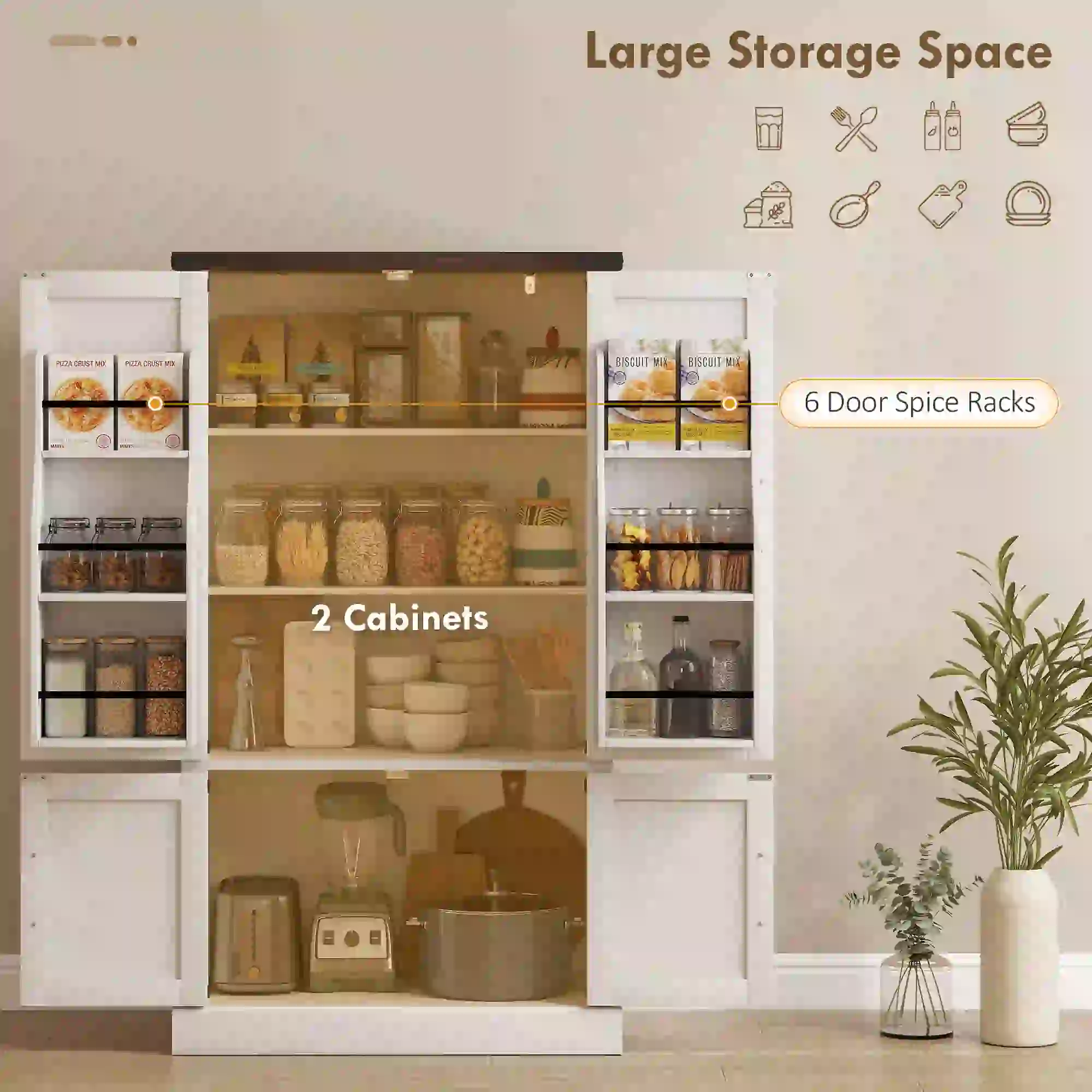53.5 Inch Pantry Cabinet, Adjustable Shelves, 6 Door Spice Racks, White - Image 4