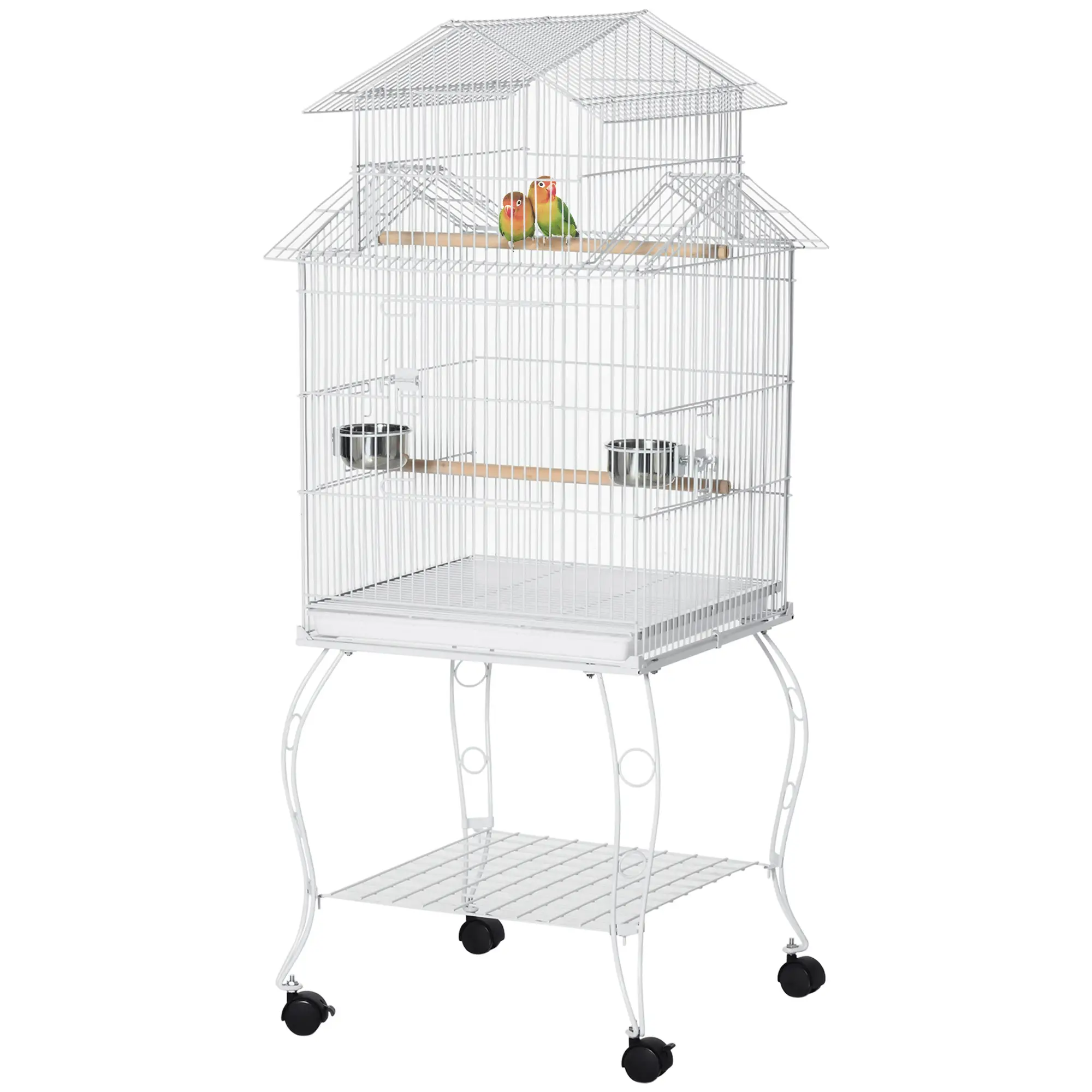 53.9'' Large Rolling Bird Cage with Stand, Shelf, Perch, White - Image 11
