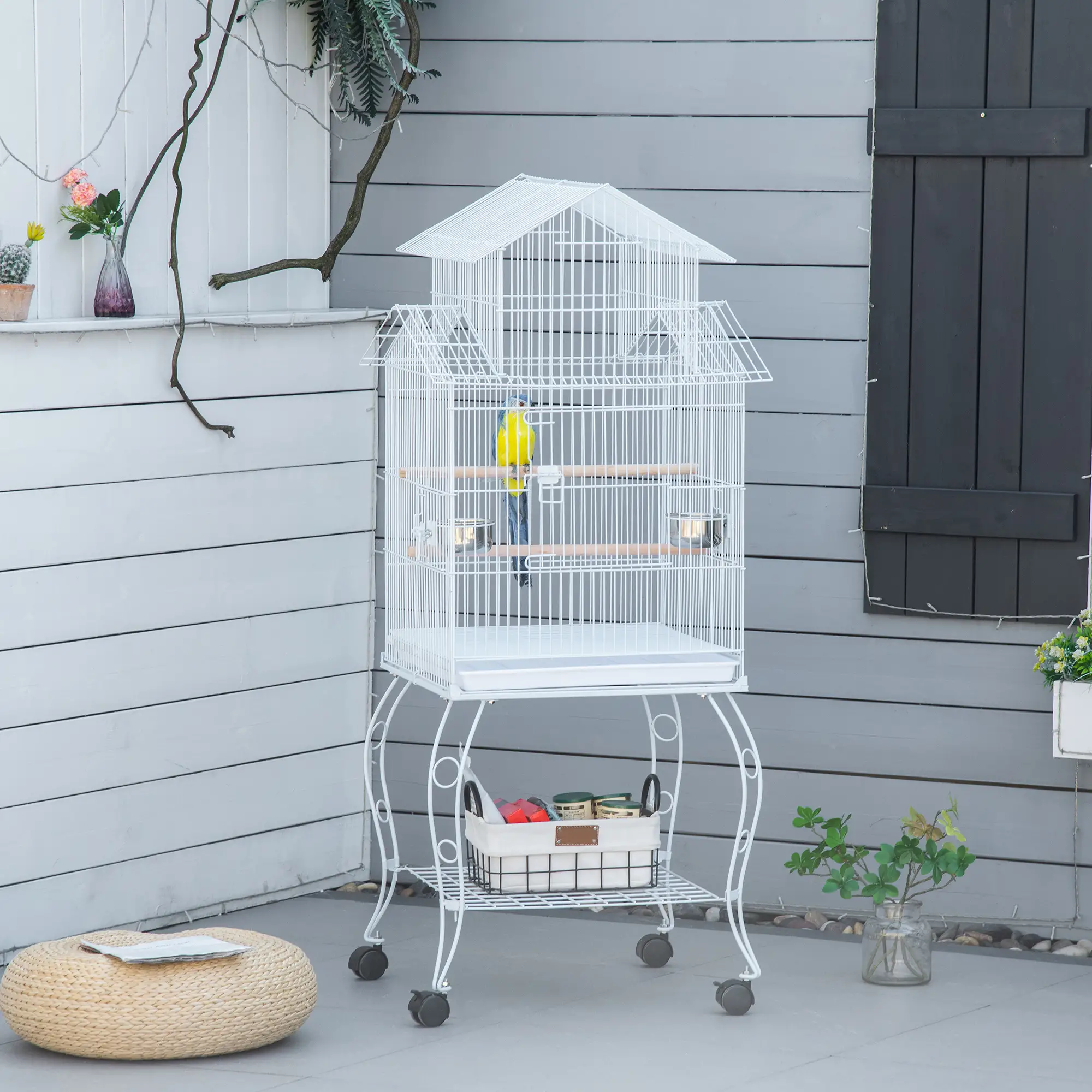 53.9'' Large Rolling Bird Cage with Stand, Shelf, Perch, White - Image 2