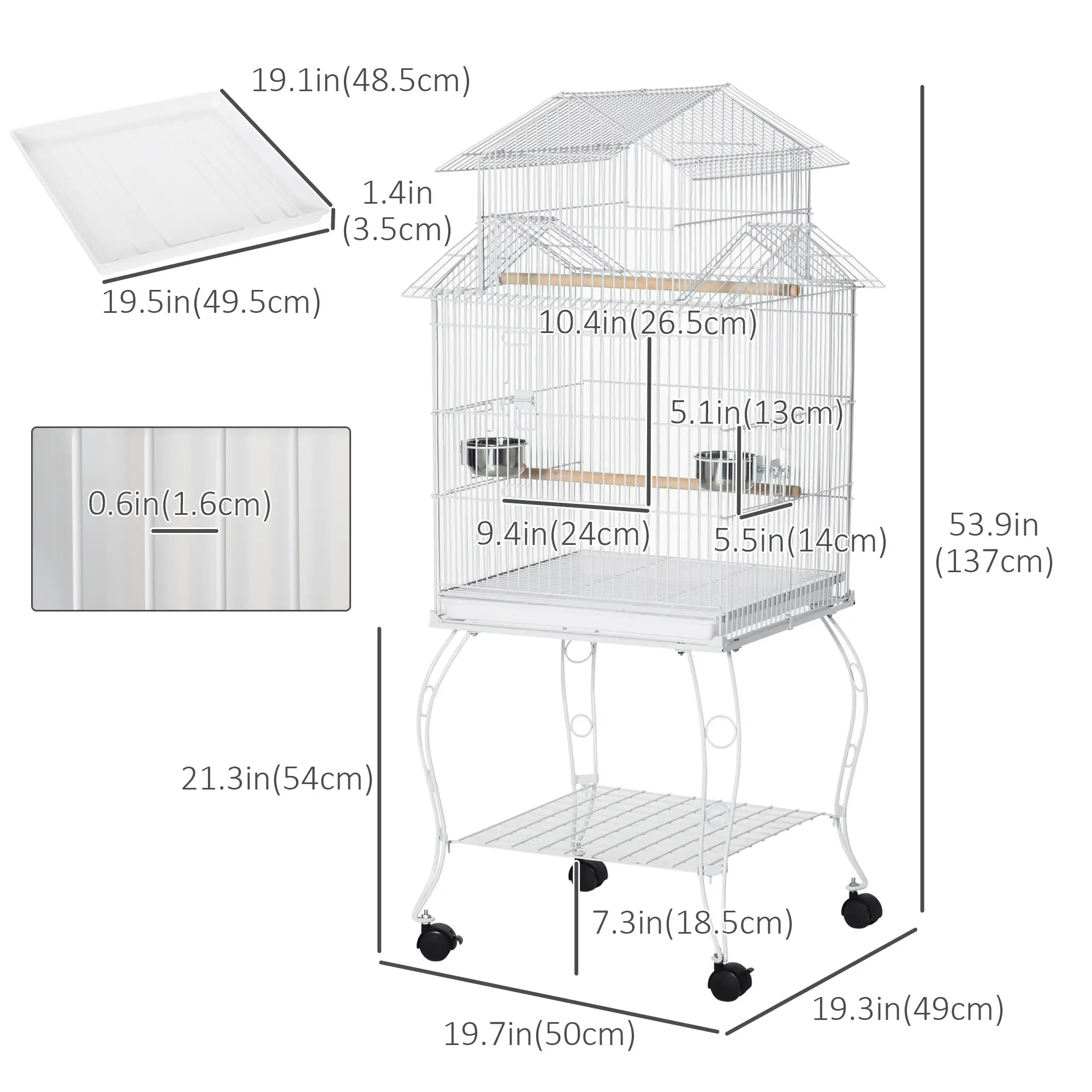 53.9'' Large Rolling Bird Cage with Stand, Shelf, Perch, White - Image 3