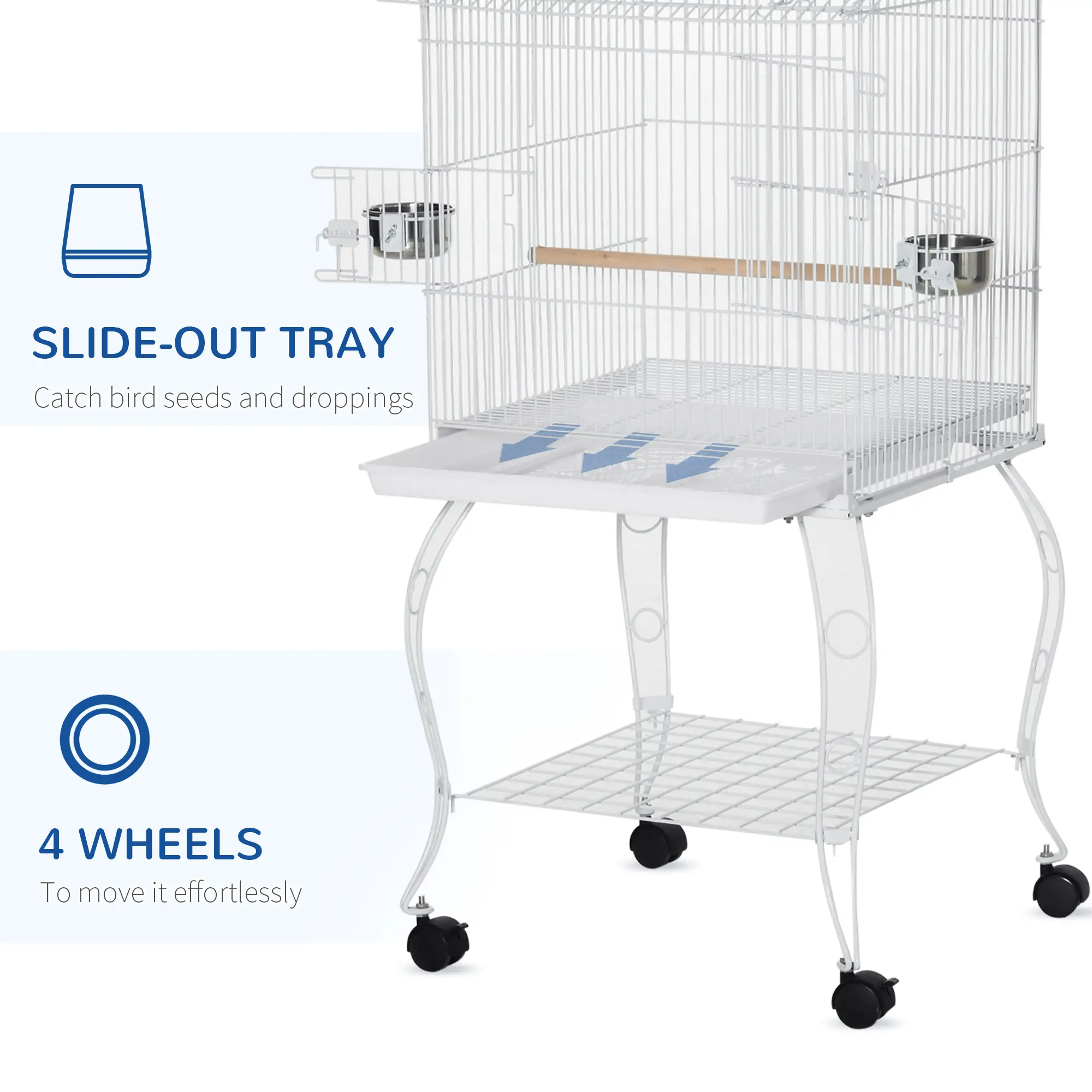 53.9'' Large Rolling Bird Cage with Stand, Shelf, Perch, White - Image 4