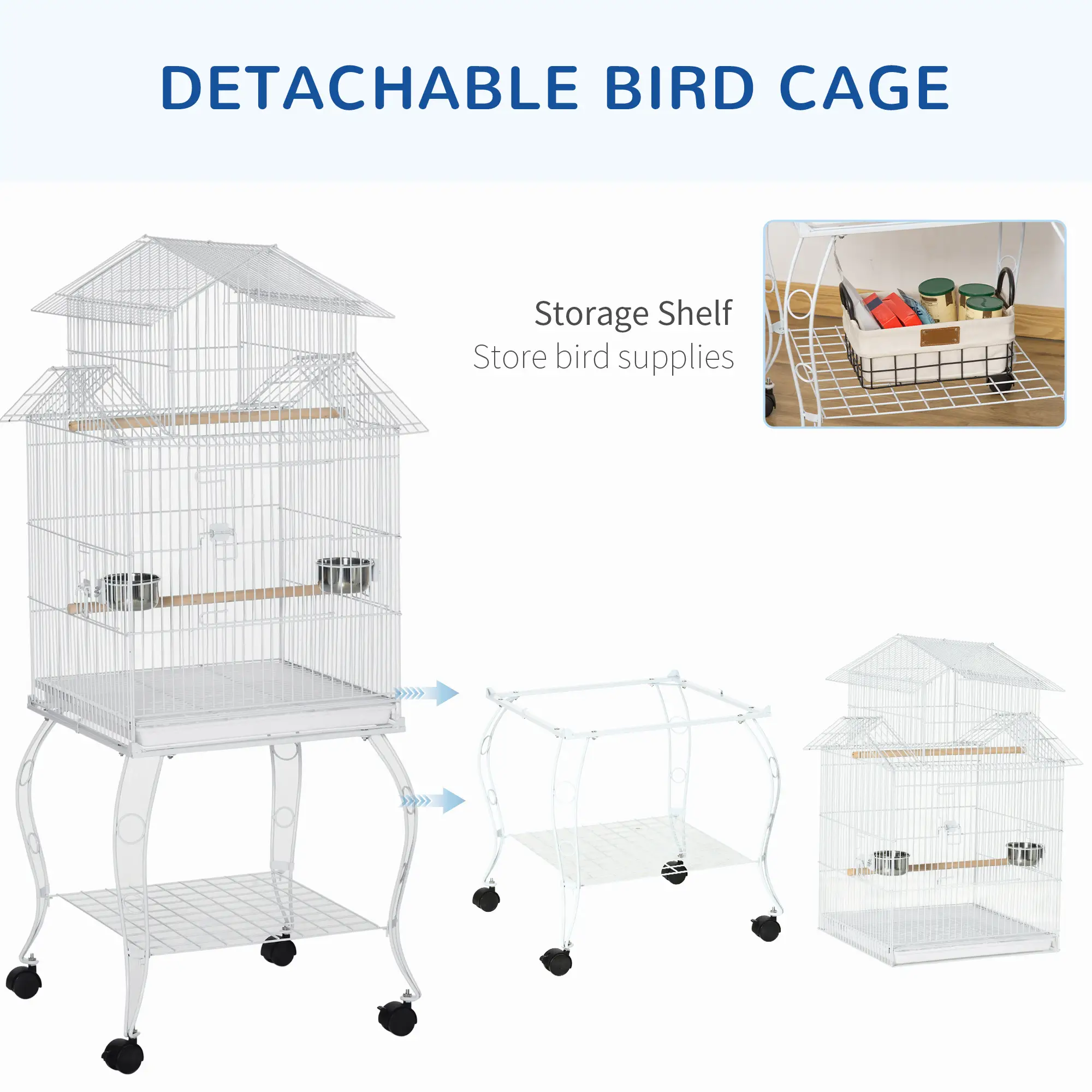 53.9'' Large Rolling Bird Cage with Stand, Shelf, Perch, White - Image 5
