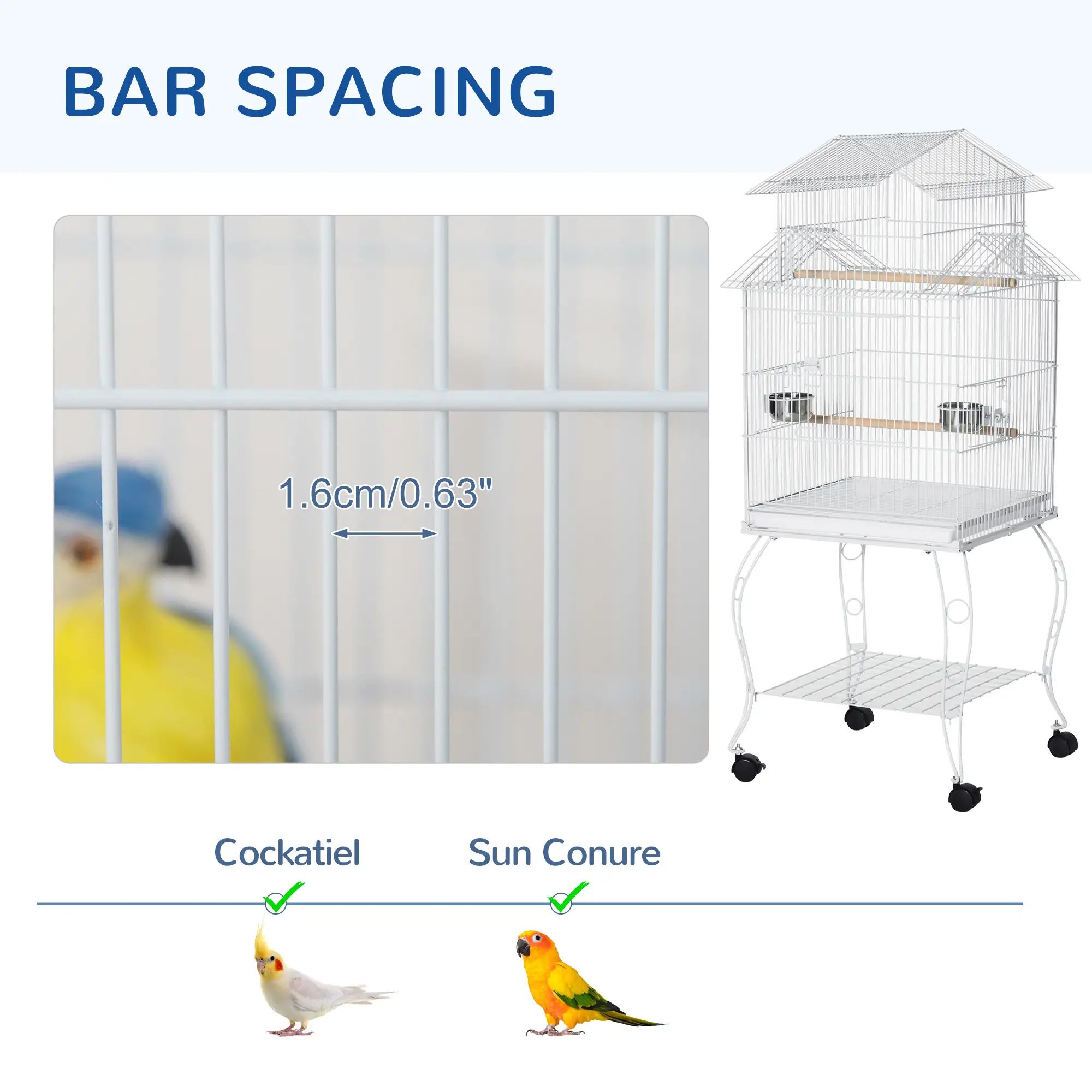 53.9'' Large Rolling Bird Cage with Stand, Shelf, Perch, White - Image 6