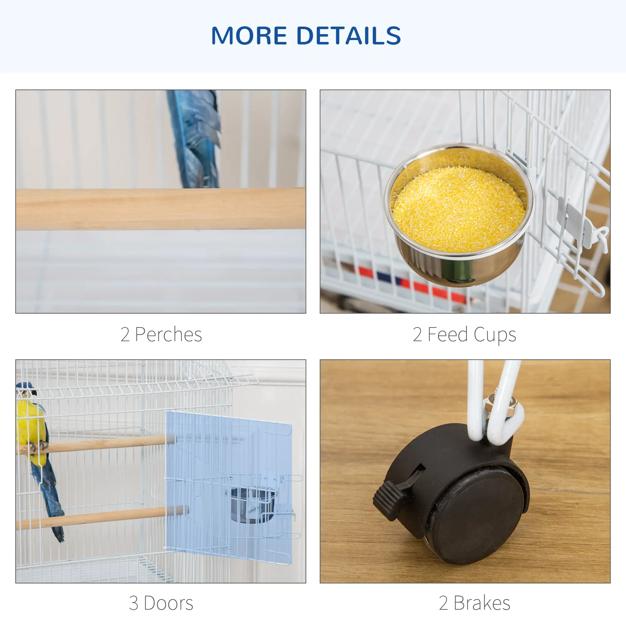 53.9'' Large Rolling Bird Cage with Stand, Shelf, Perch, White - Image 7