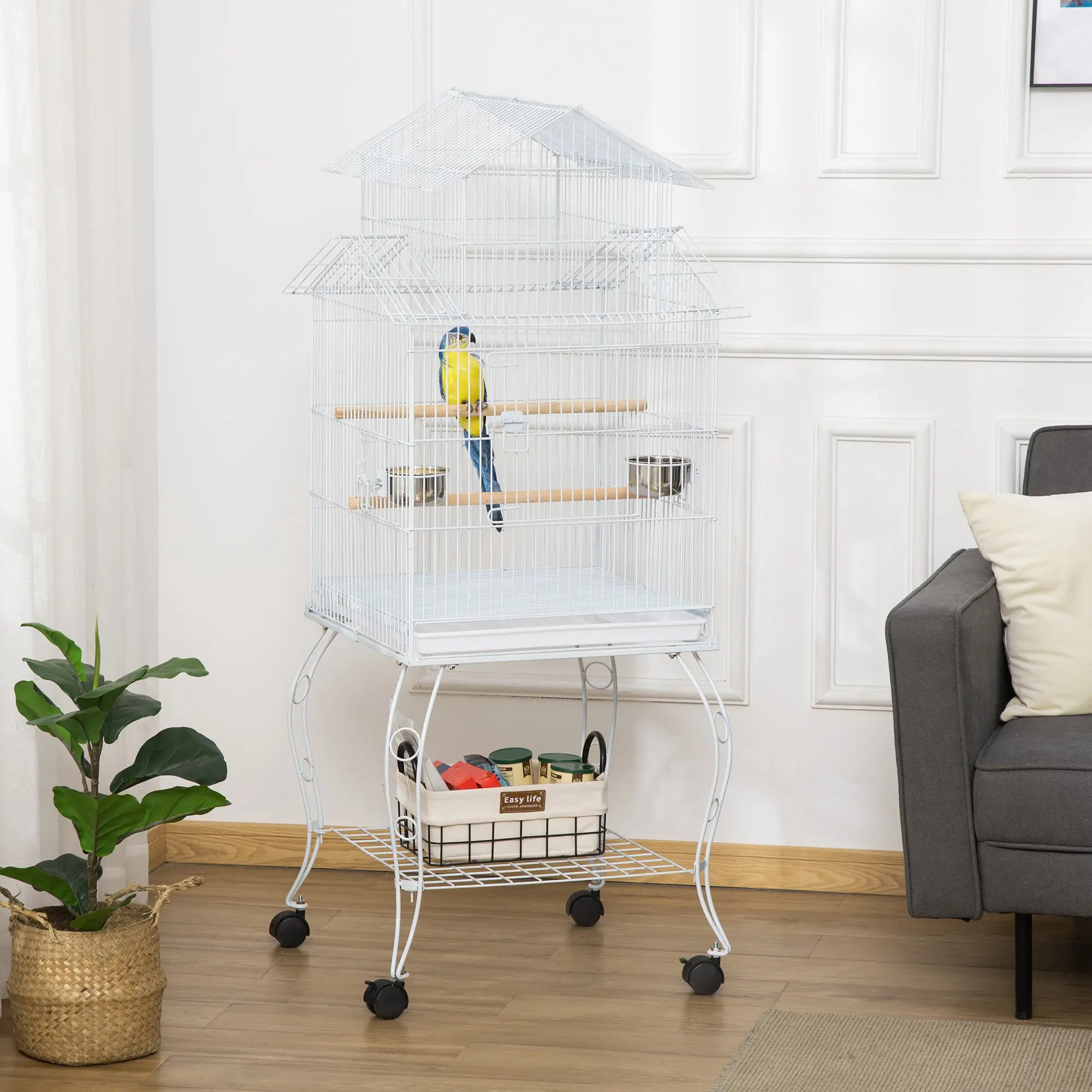 53.9'' Large Rolling Bird Cage with Stand, Shelf, Perch, White - Image 8