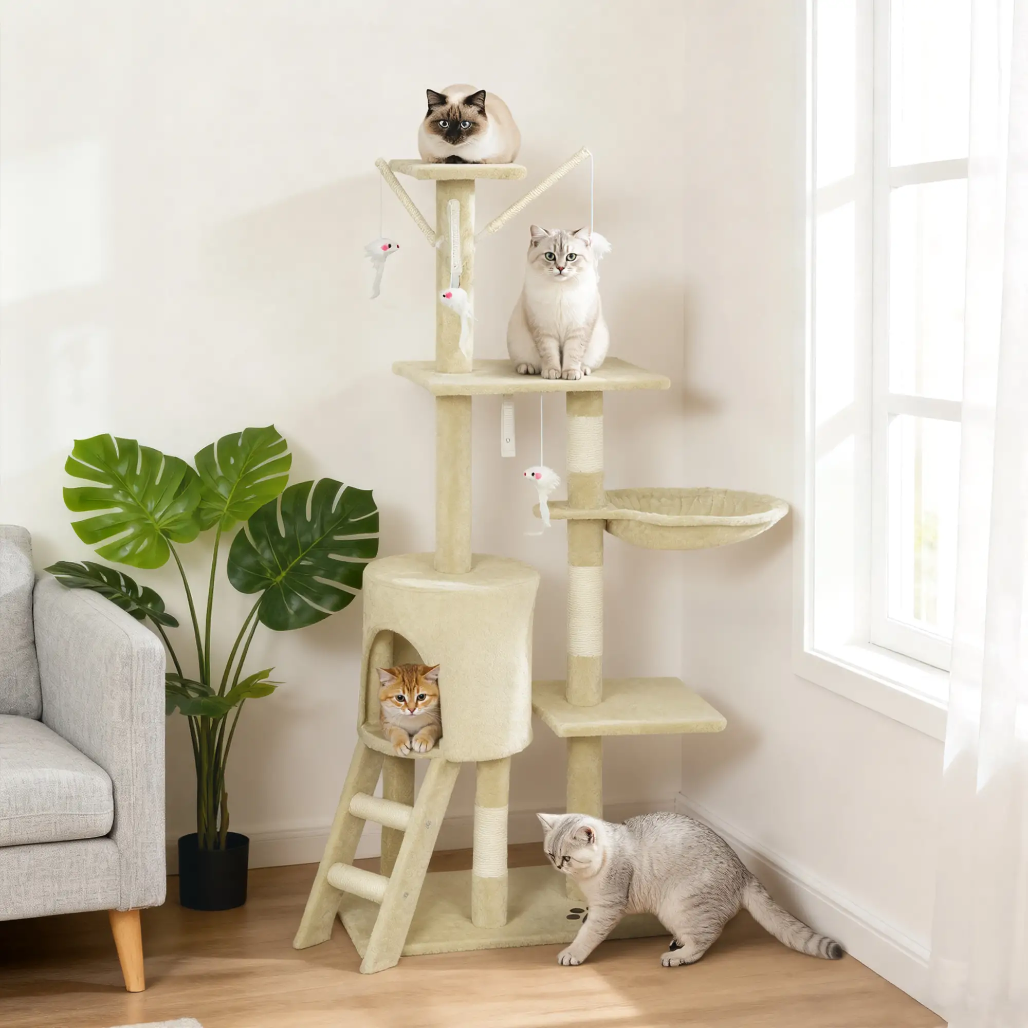 53 Cat Tree Tower, Kitten Activity Centre, Scratching Posts, Beige - Image 8