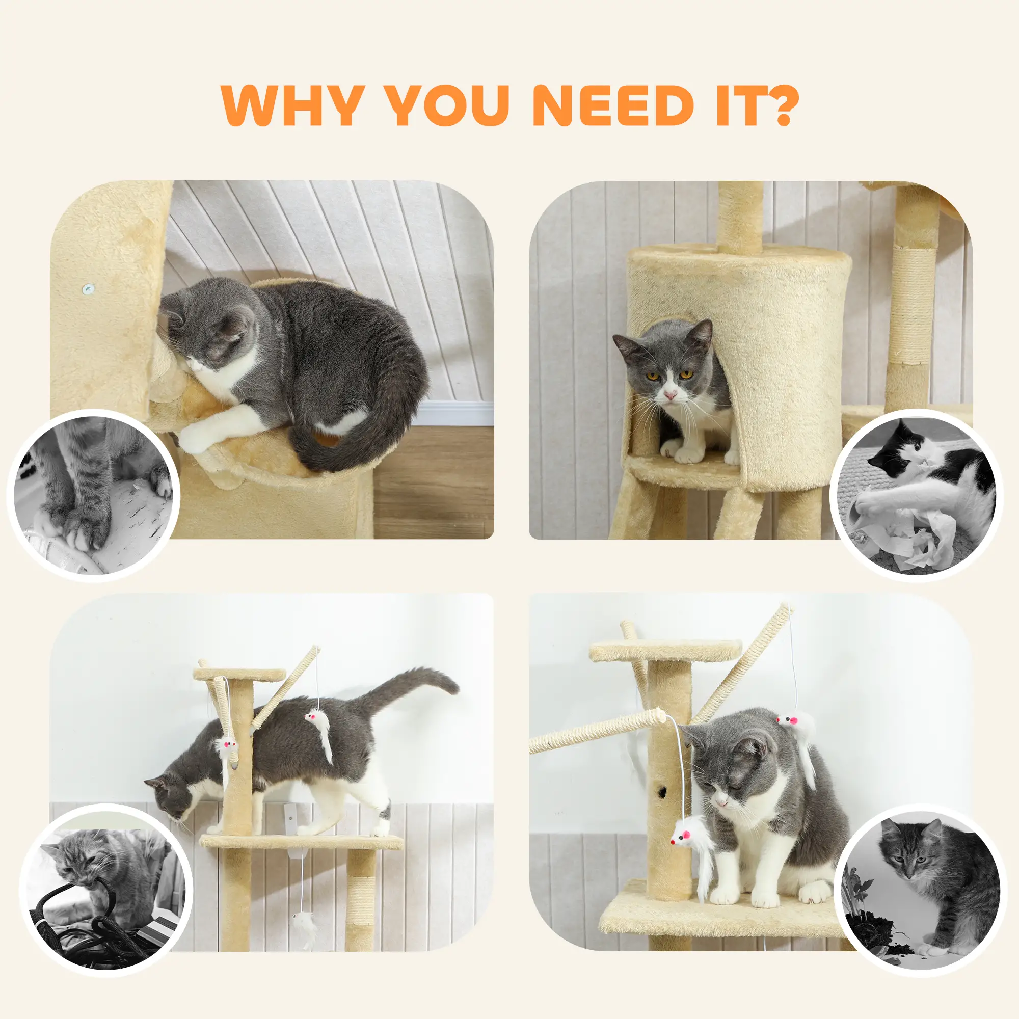 53 Cat Tree Tower, Kitten Activity Centre, Scratching Posts, Beige - Image 9