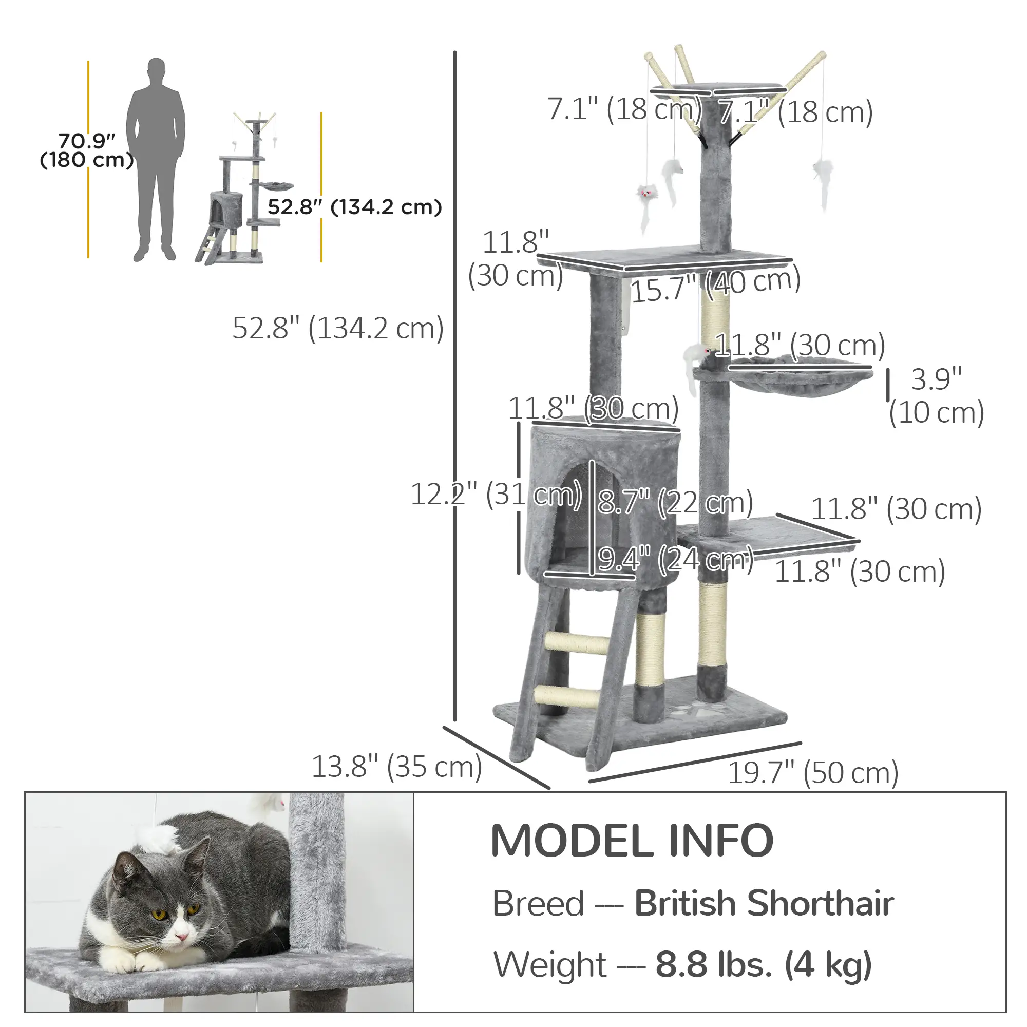 53 Cat Tree Tower, Kitten Activity Centre, Scratching Posts, Grey - Image 3