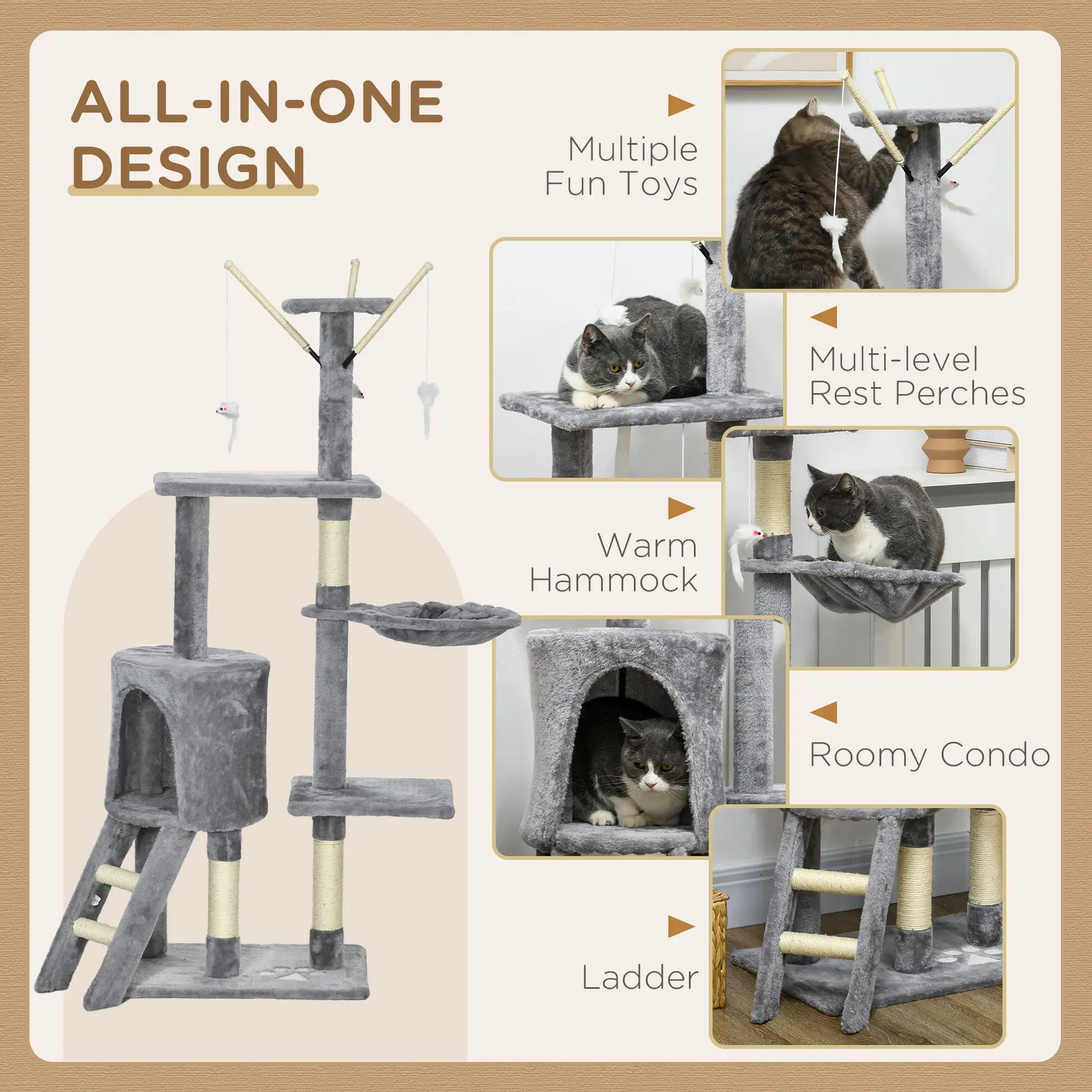53 Cat Tree Tower, Kitten Activity Centre, Scratching Posts, Grey - Image 7