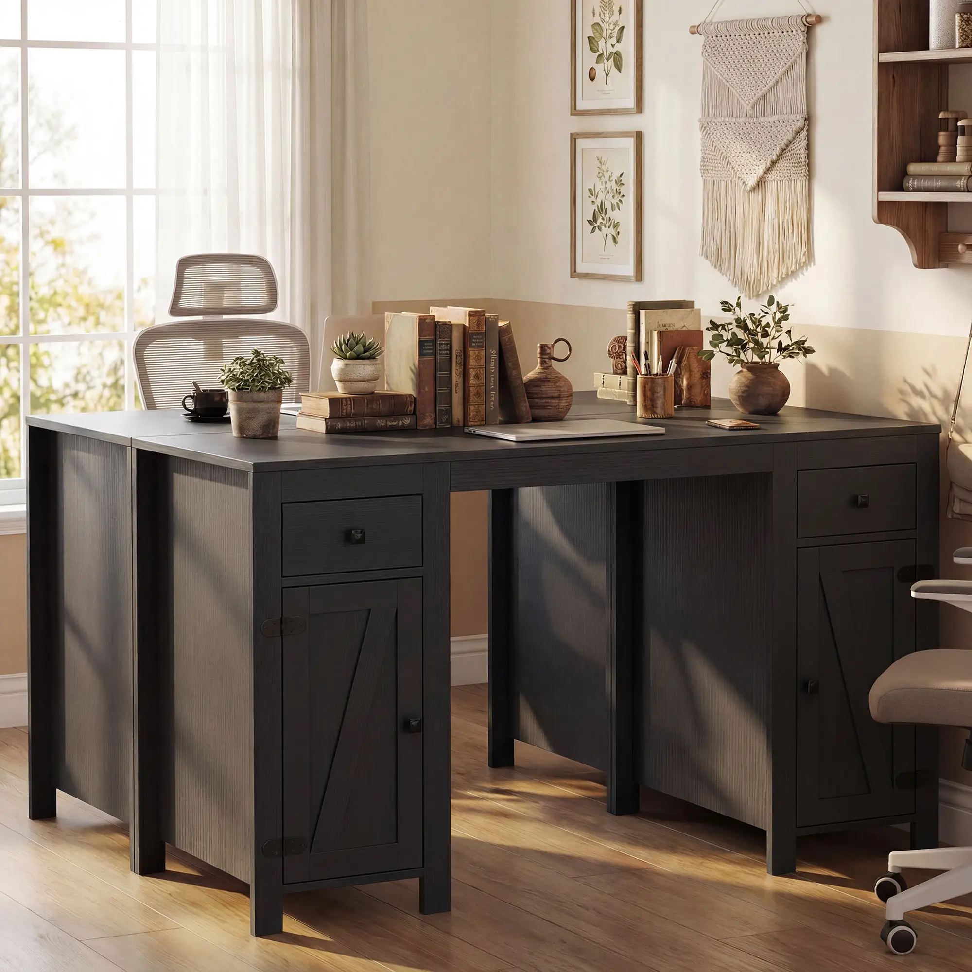 53" Farmhouse Executive Desk, Computer Desk With Drawers, Black Wood Grain, Black - Image 7