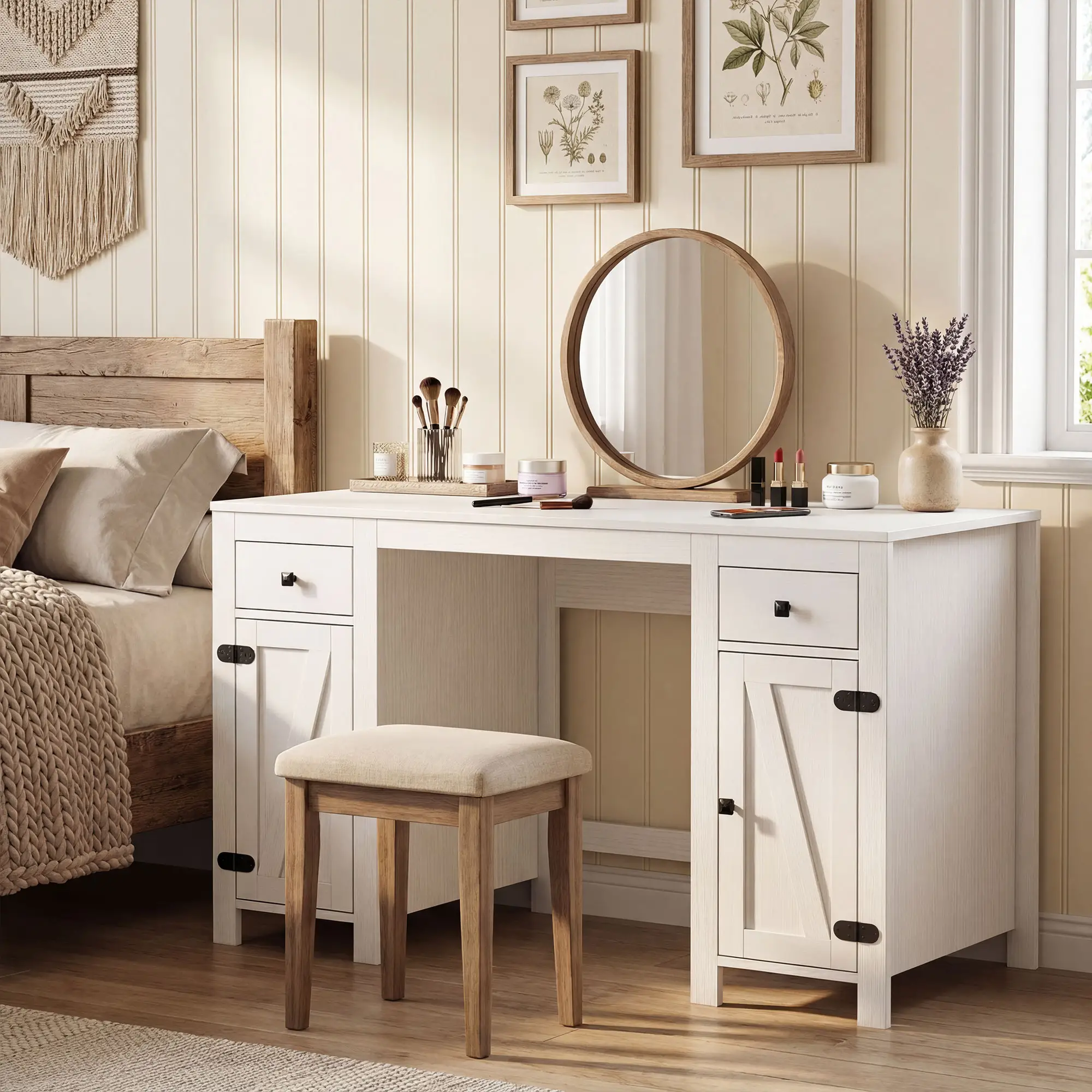 53" Farmhouse Executive Desk, White Wood Grain, Computer Desk With Drawers, White - Image 10