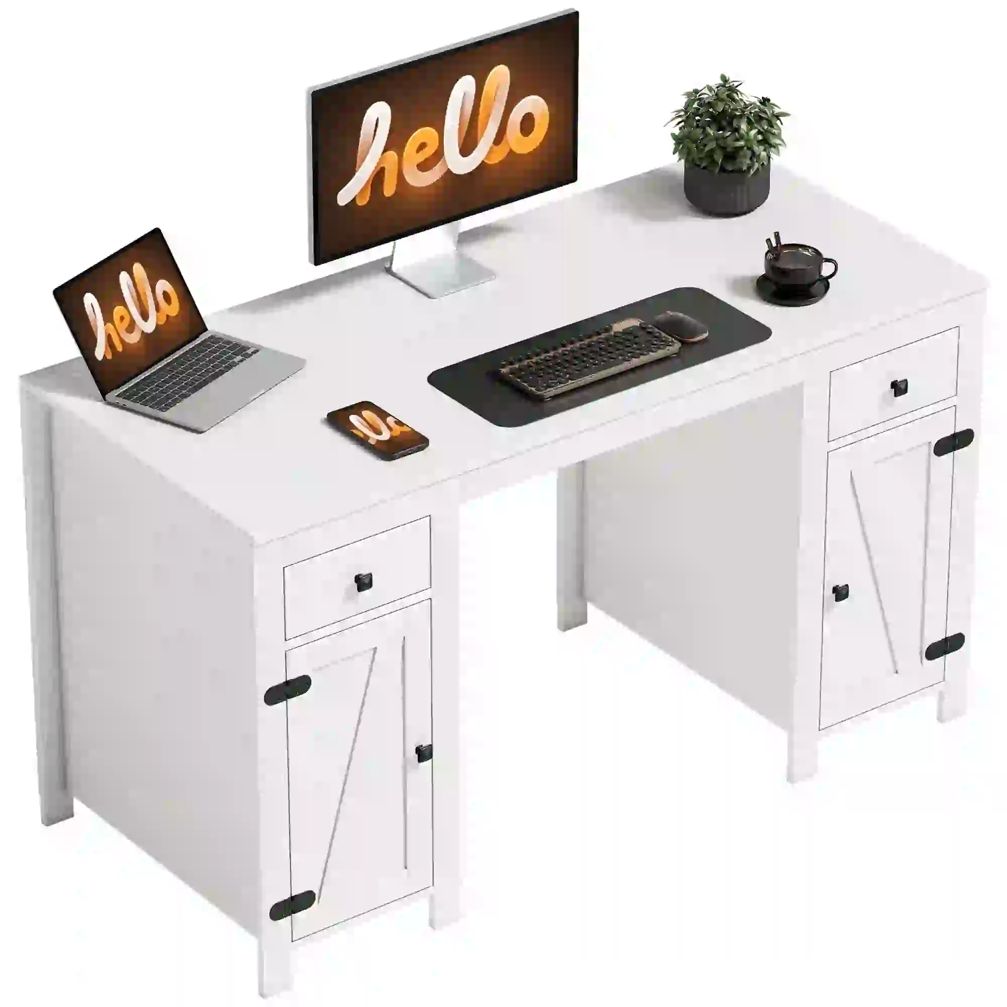 53" Farmhouse Executive Desk, White Wood Grain, Computer Desk With Drawers, White - Image 11