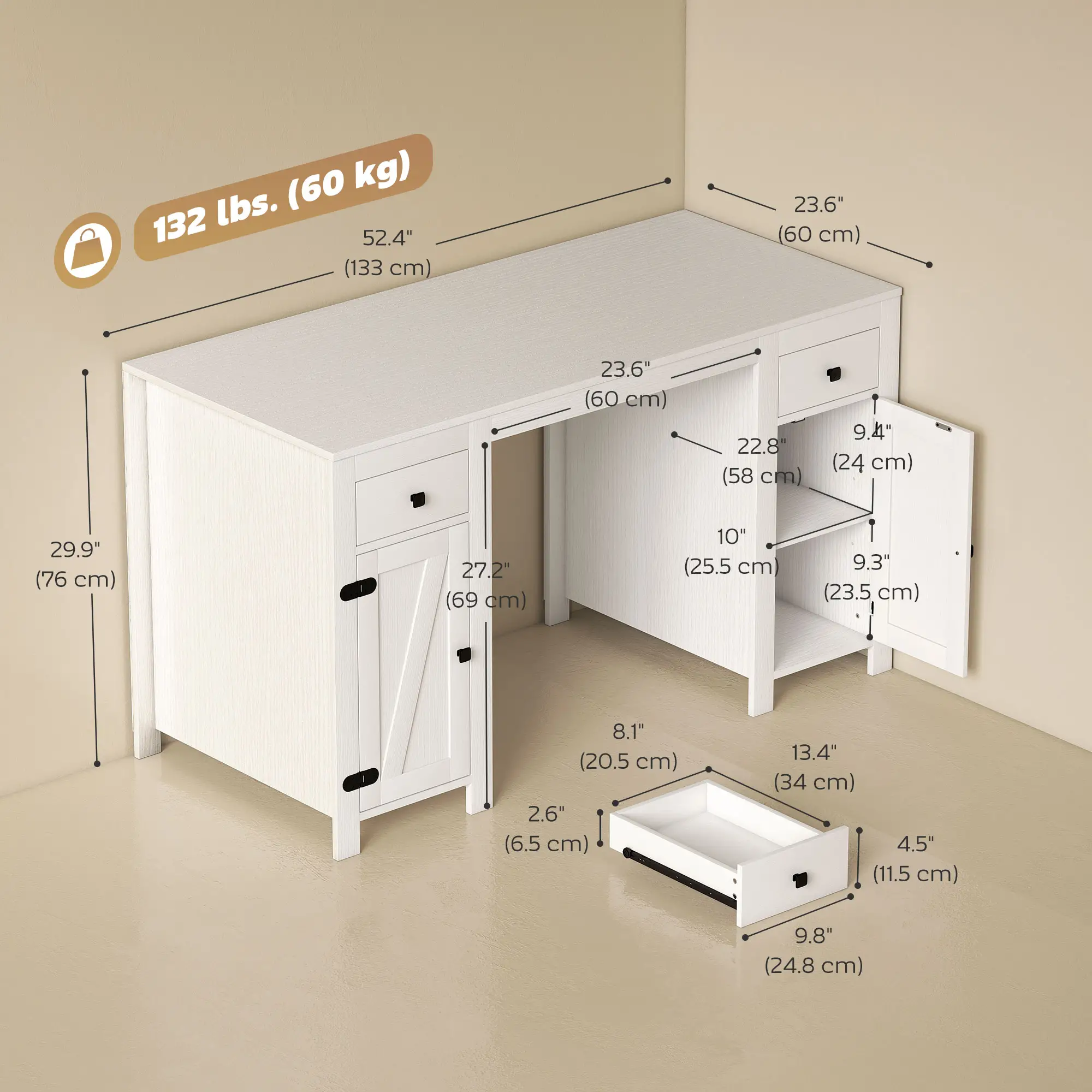 53" Farmhouse Executive Desk, White Wood Grain, Computer Desk With Drawers, White - Image 3