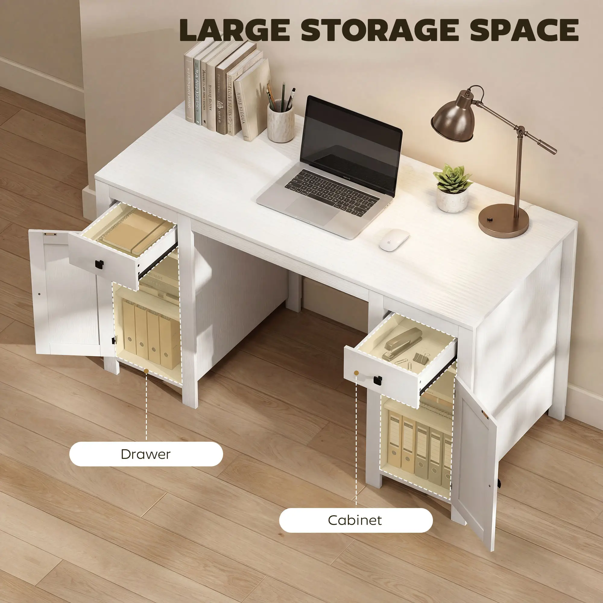 53" Farmhouse Executive Desk, White Wood Grain, Computer Desk With Drawers, White - Image 4