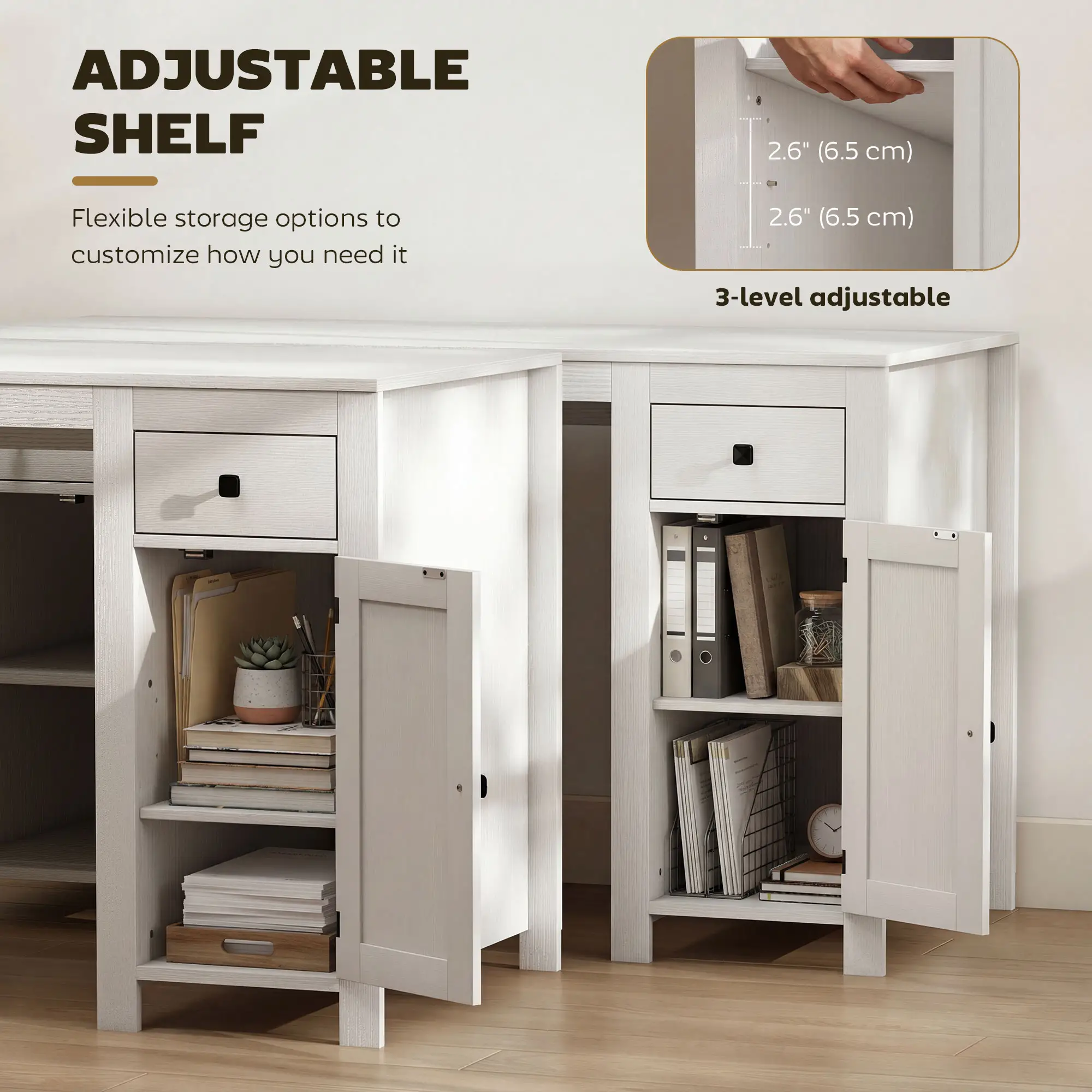 53" Farmhouse Executive Desk, White Wood Grain, Computer Desk With Drawers, White - Image 5