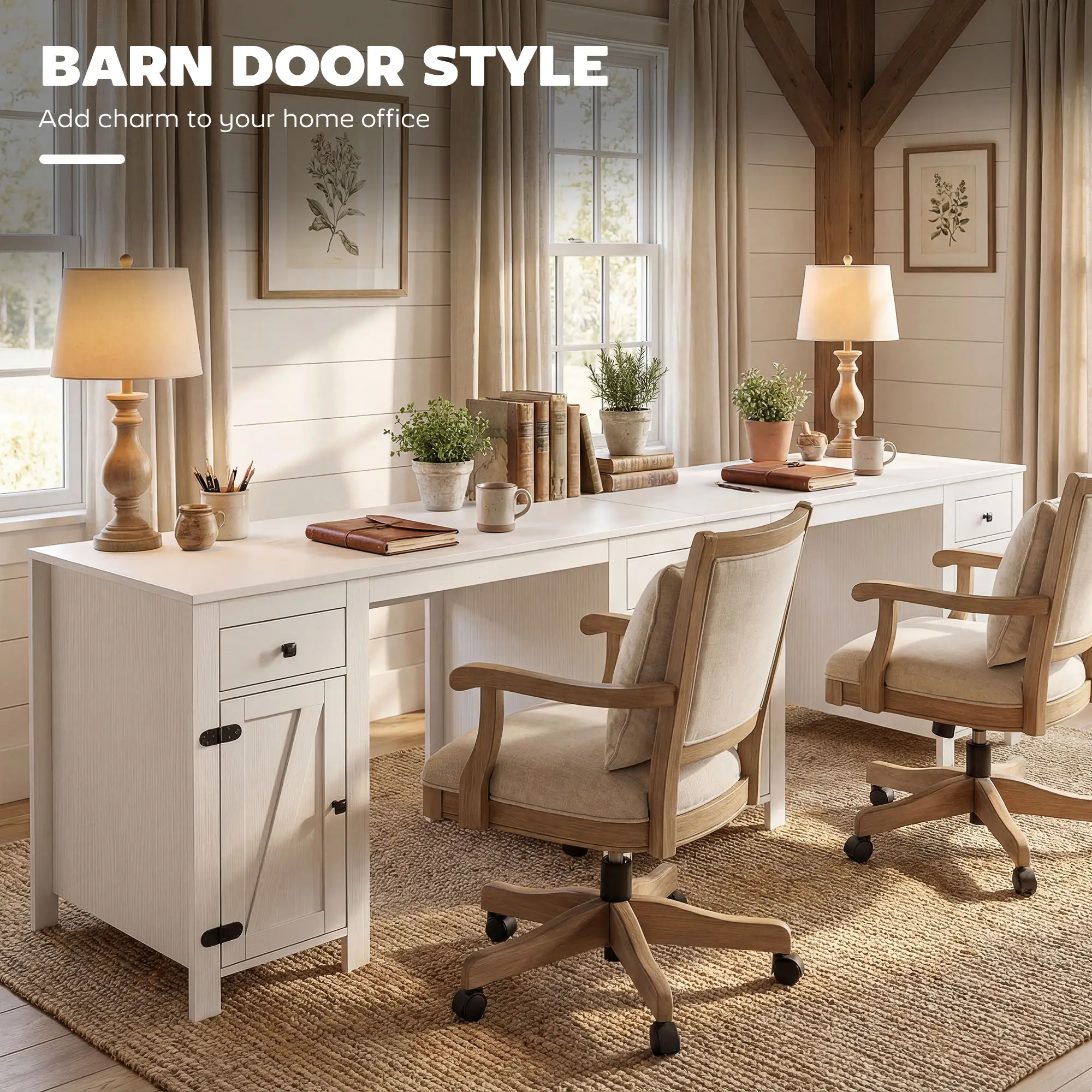 53" Farmhouse Executive Desk, White Wood Grain, Computer Desk With Drawers, White - Image 6