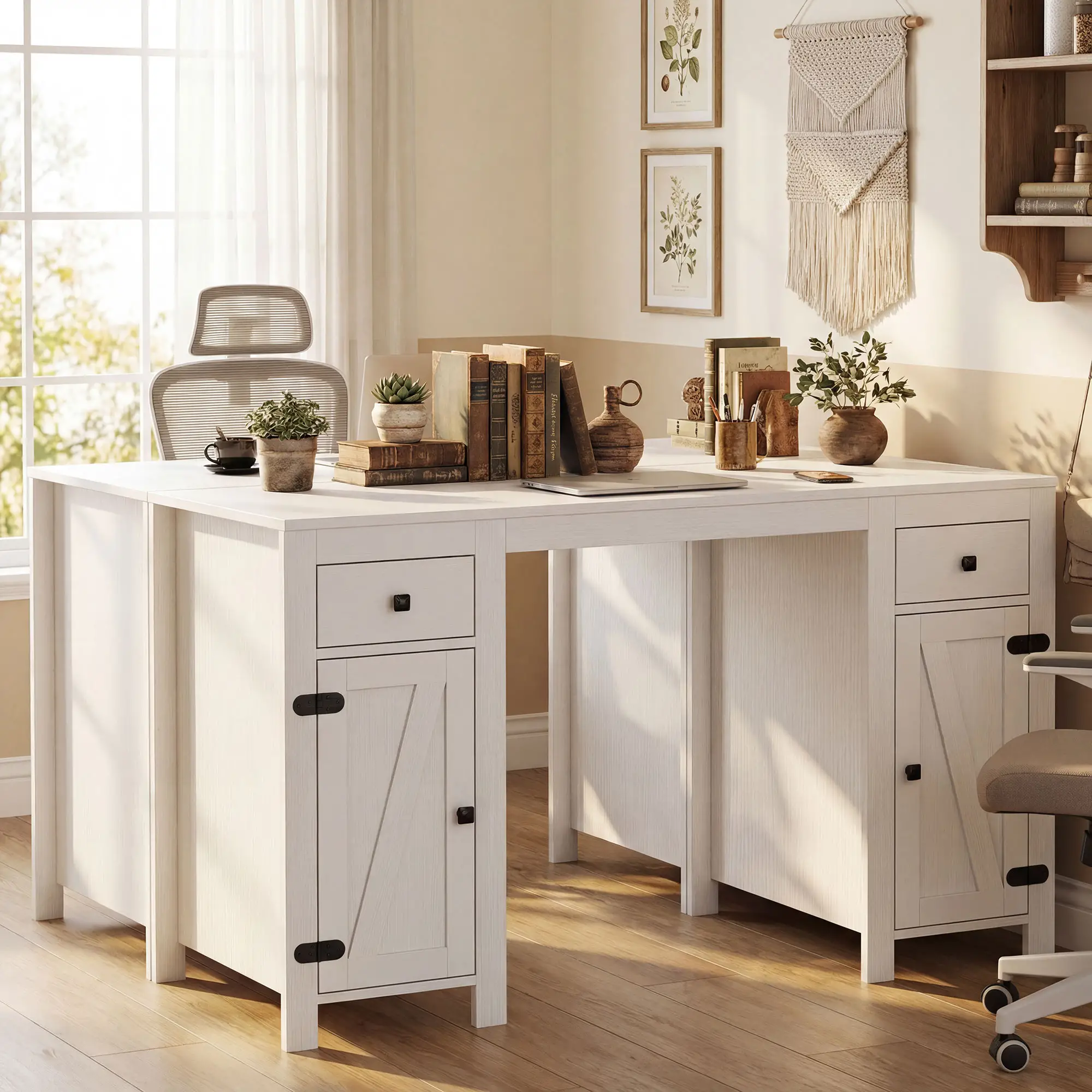 53" Farmhouse Executive Desk, White Wood Grain, Computer Desk With Drawers, White - Image 7