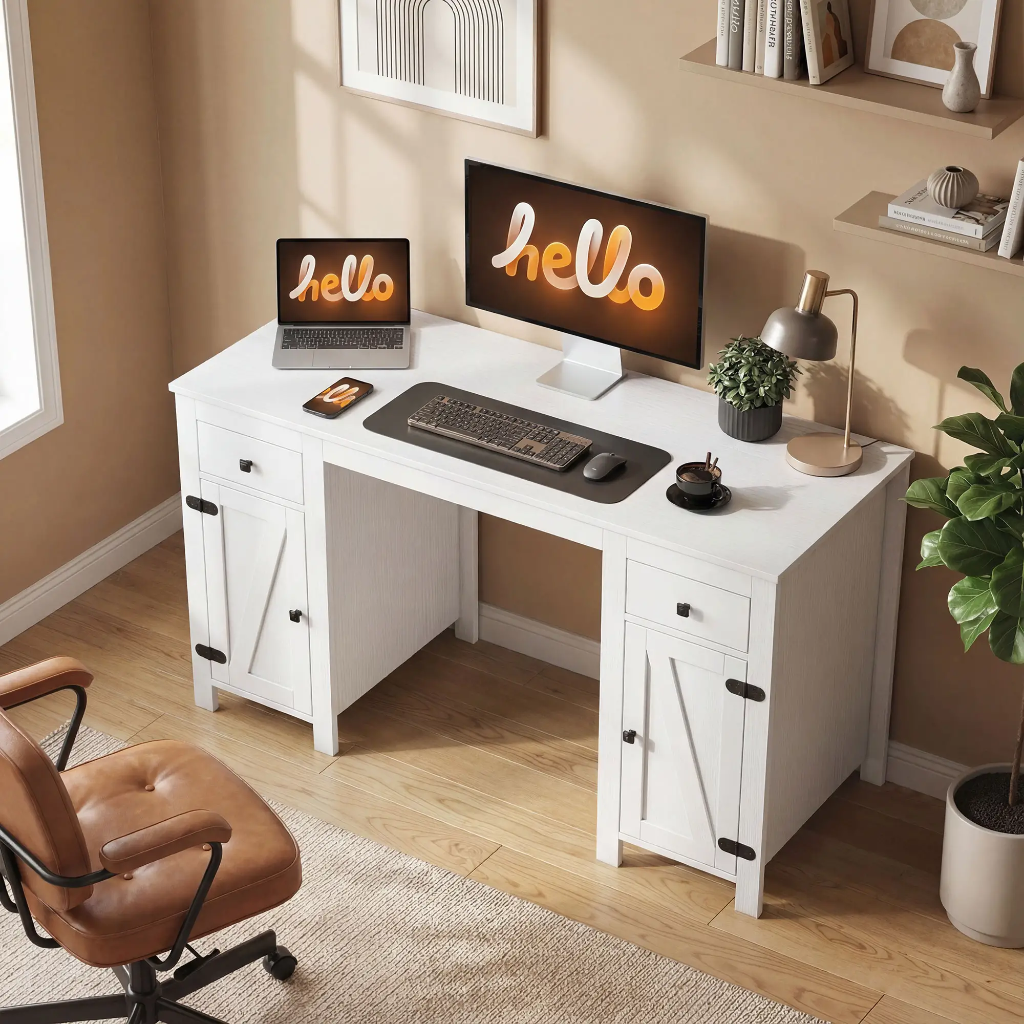 53" Farmhouse Executive Desk, White Wood Grain, Computer Desk With Drawers, White - Image 8