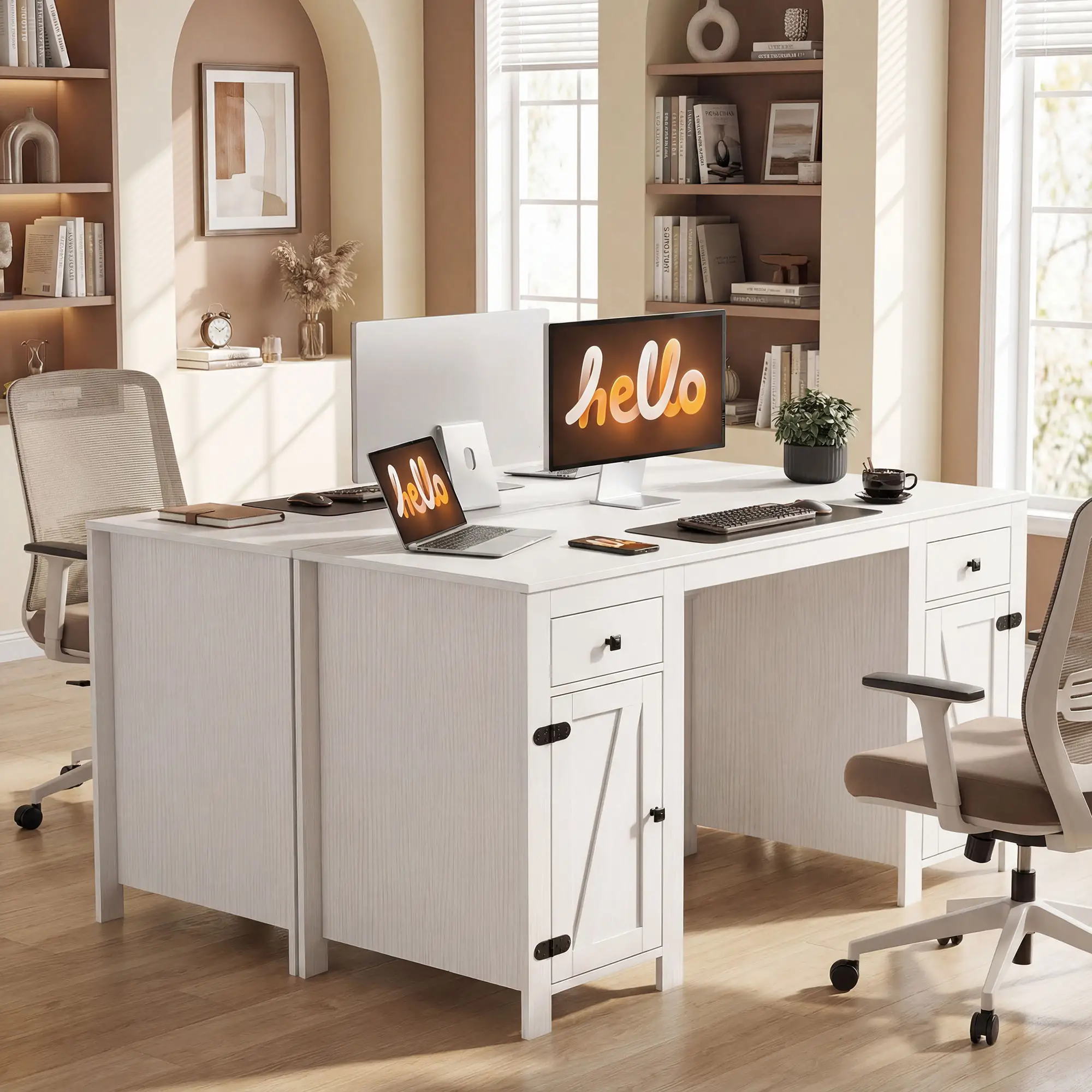 53" Farmhouse Executive Desk, White Wood Grain, Computer Desk With Drawers, White - Image 9
