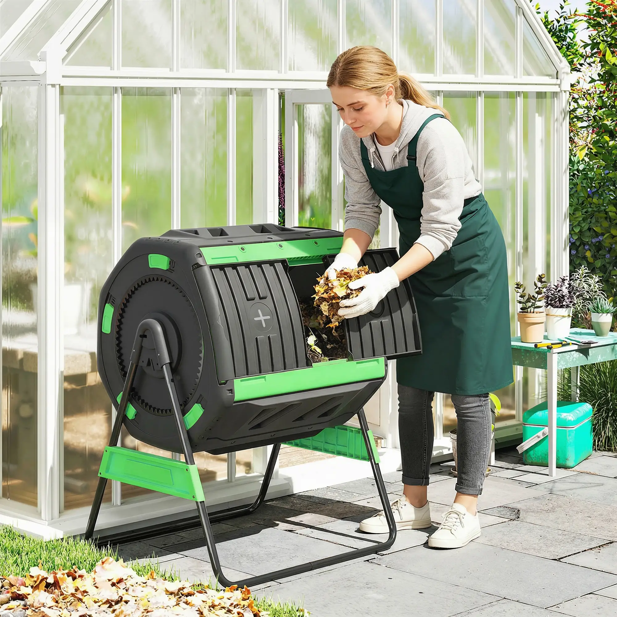 53 Gal Dual Chamber Tumbling Composter, Adjustable Vents, BPA Free, Green - Image 2