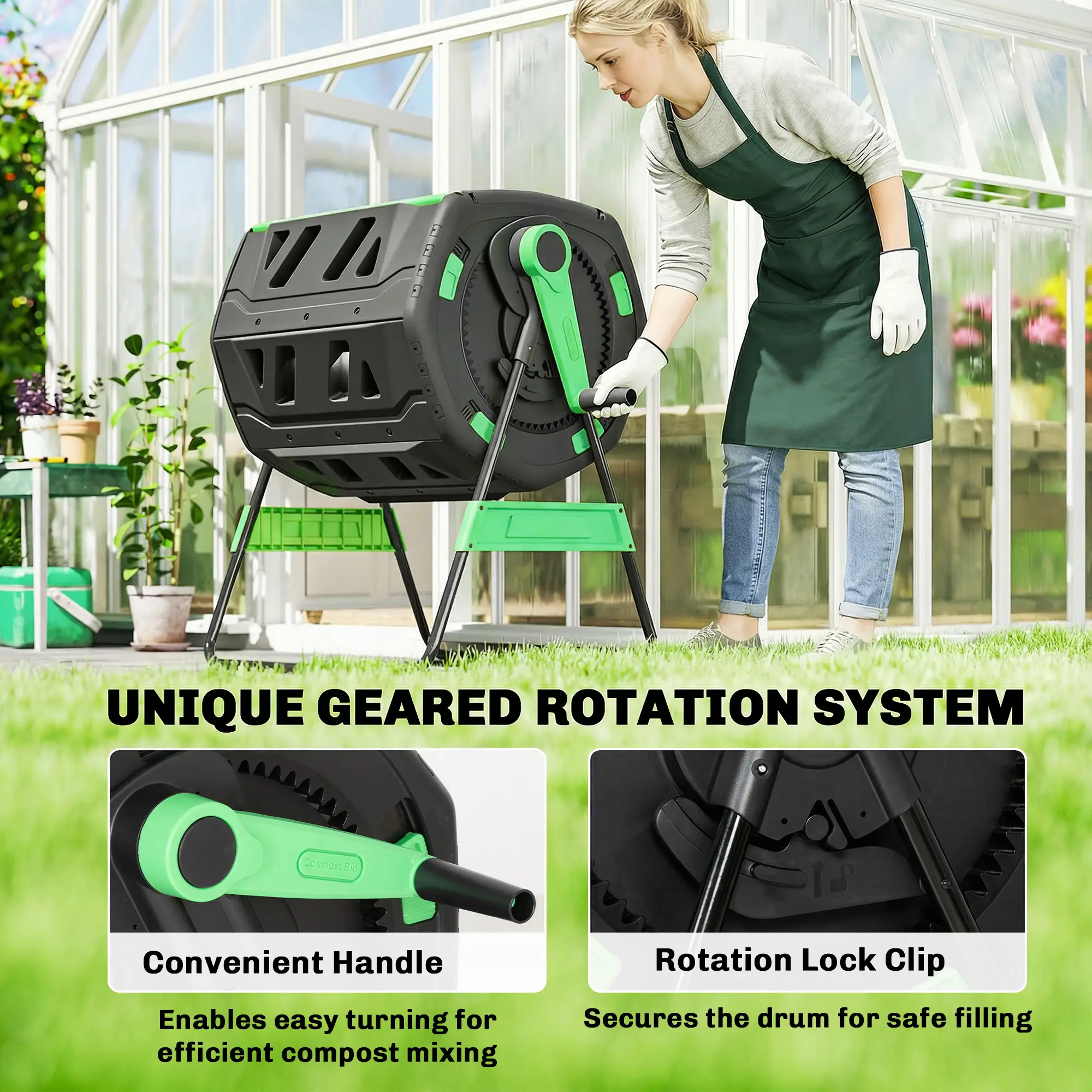 53 Gal Dual Chamber Tumbling Composter, Adjustable Vents, BPA Free, Green - Image 5