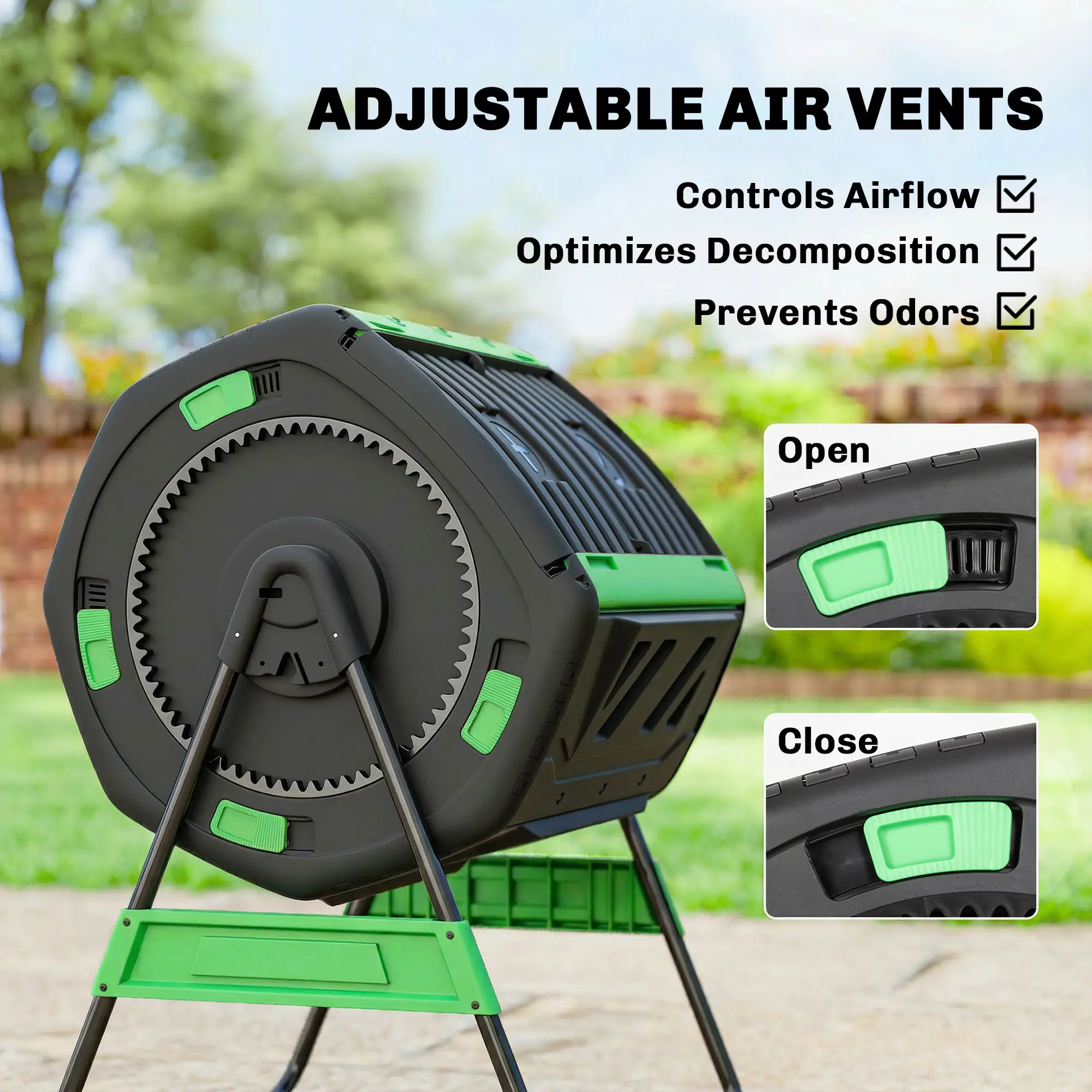 53 Gal Dual Chamber Tumbling Composter, Adjustable Vents, BPA Free, Green - Image 7