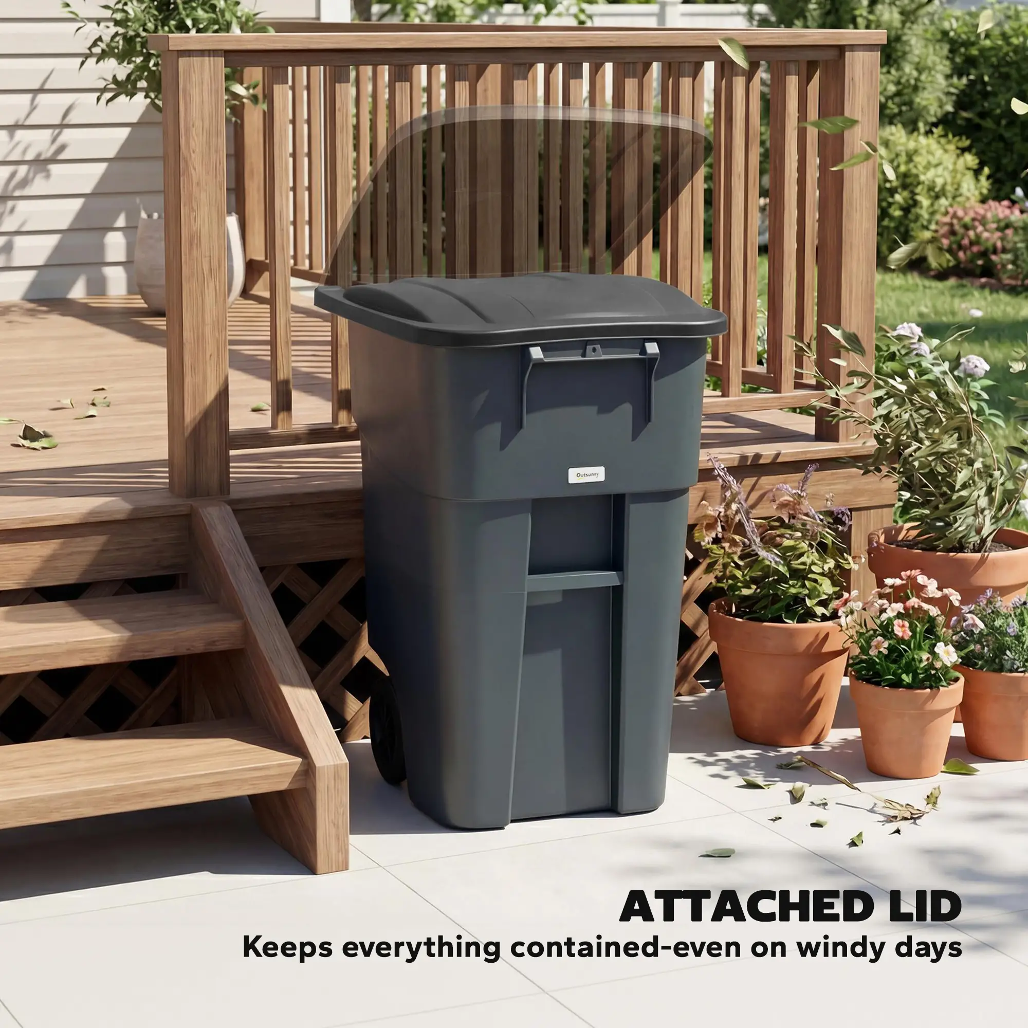 53 Gallon Outdoor Garbage Bin With Lid, Wheels, Handle, Dark Grey - Image 7