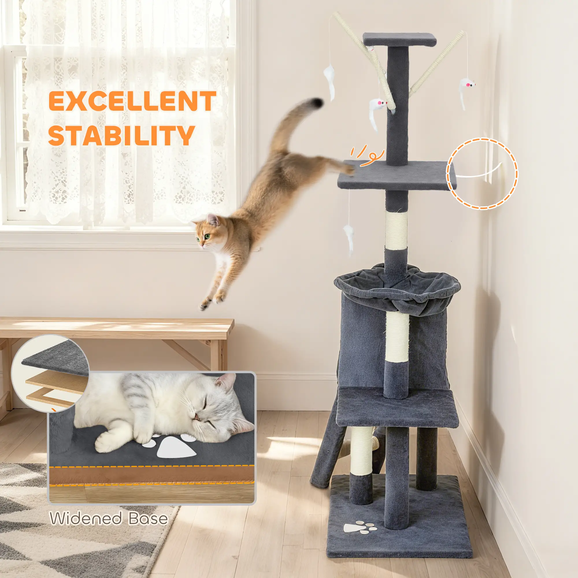 53 Inch Cat Tree Tower, Scratching Posts, Condo, Perches, Dark Grey - Image 5