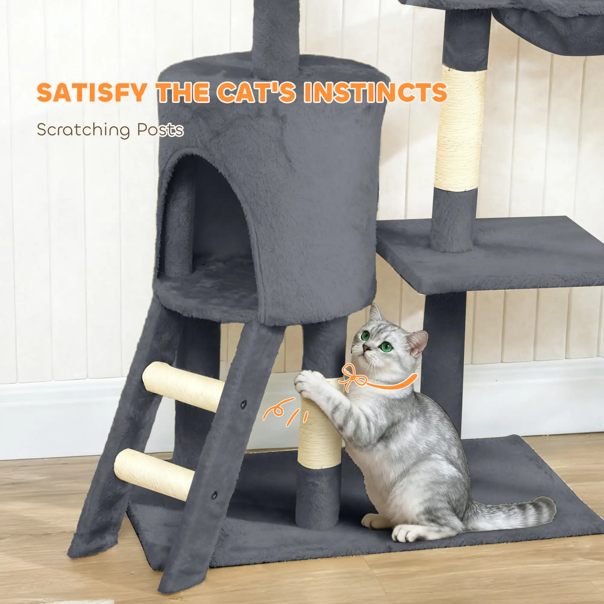 53 Inch Cat Tree Tower, Scratching Posts, Condo, Perches, Dark Grey - Image 6
