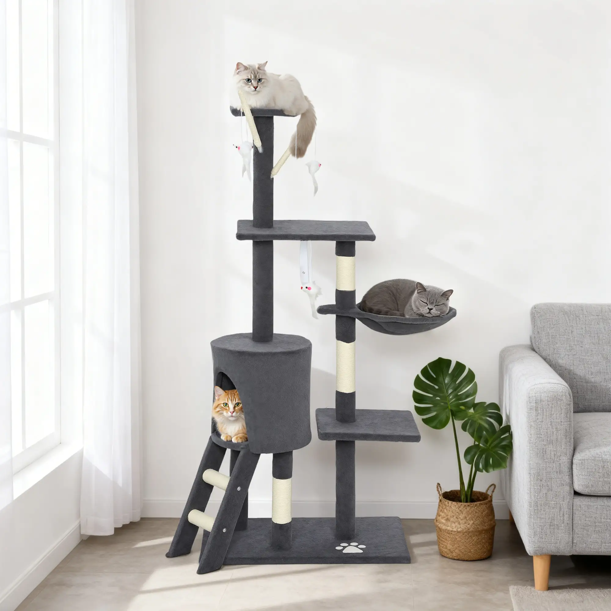 53 Inch Cat Tree Tower, Scratching Posts, Condo, Perches, Dark Grey - Image 7